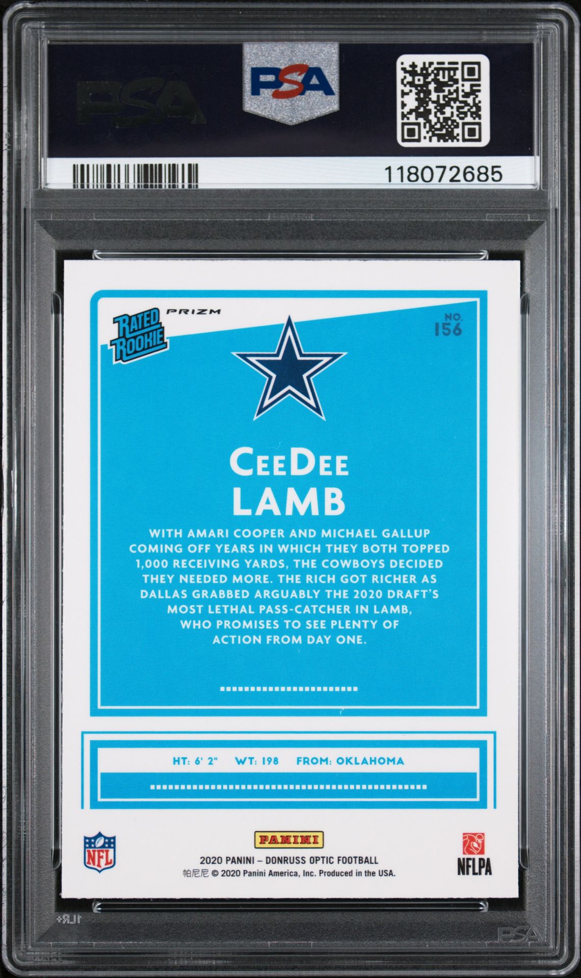 2020 Panini Donruss Optic Ceedee Lamb #156 (Blue Scope) Gem Mt 10 back