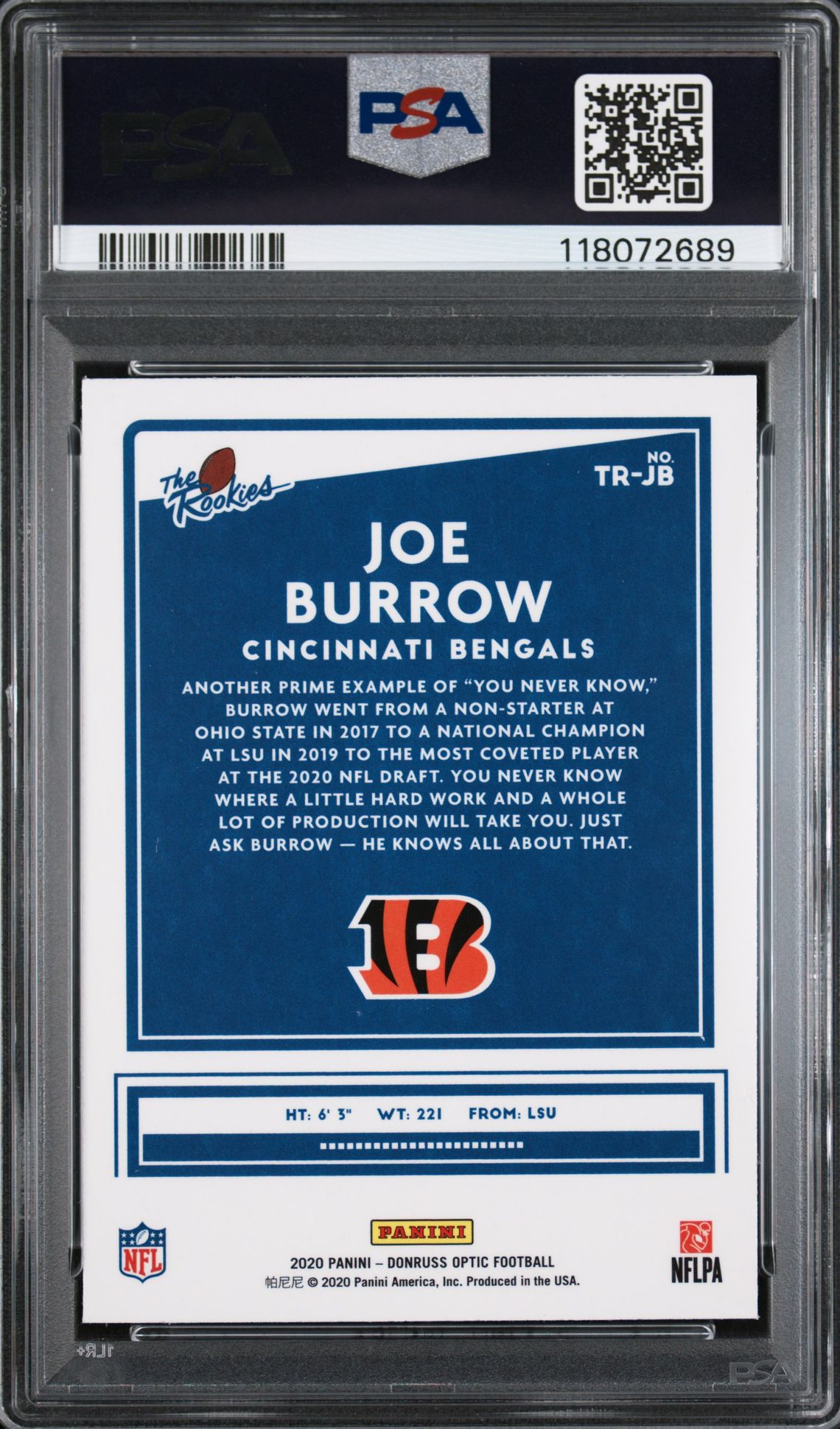 2020 Panini Donruss Optic The Rookies Joe Burrow #Jb (The Rookies) Gem Mt 10 back