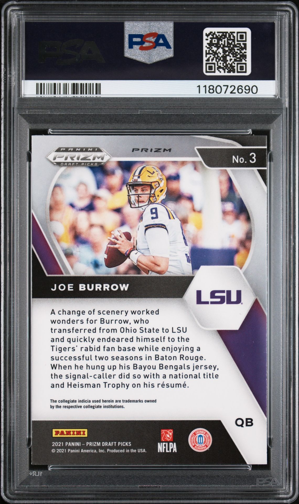 2021 Panini Prizm Draft Picks Joe Burrow #3 (Orange Ice) Gem Mt 10 back