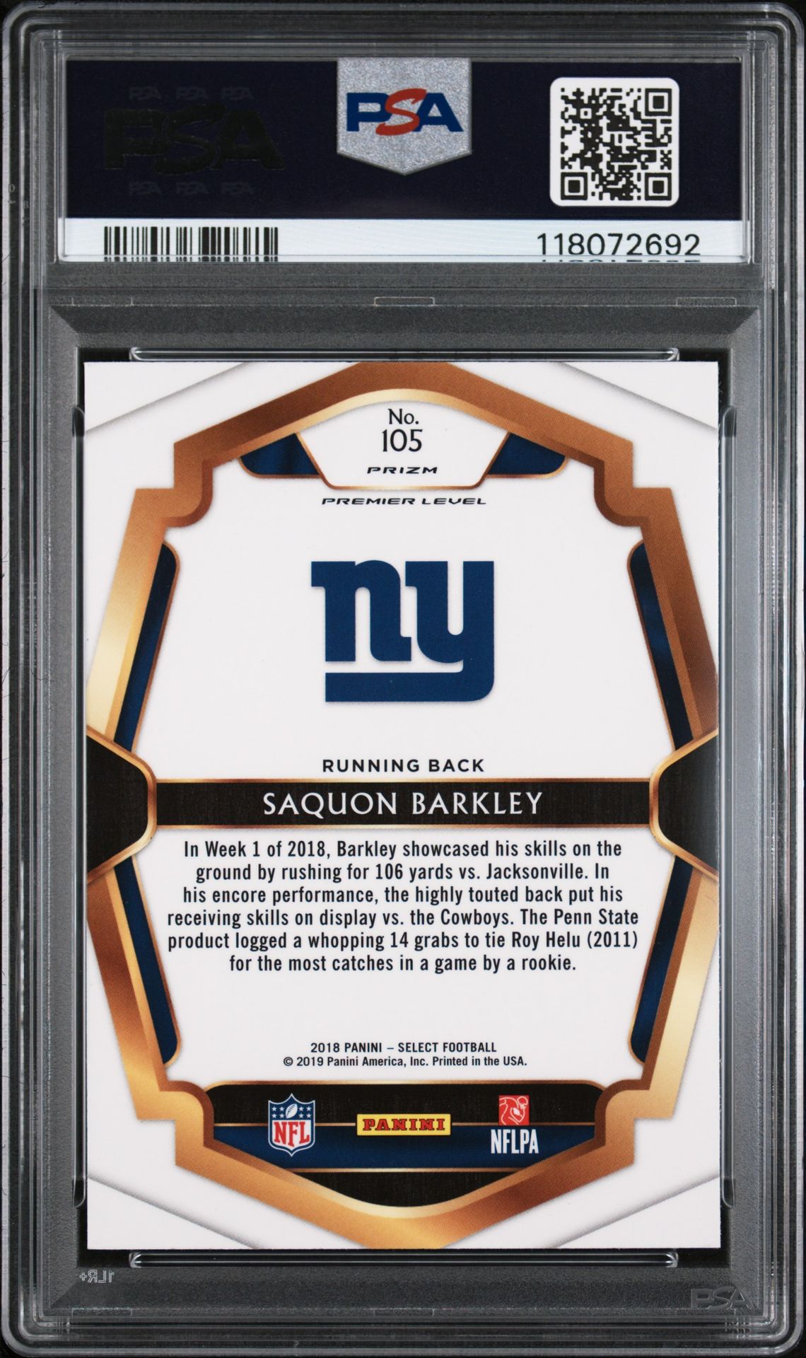 2018 Panini Select Saquon Barkley #105 (Silver Prizm) Gem Mt 10 back