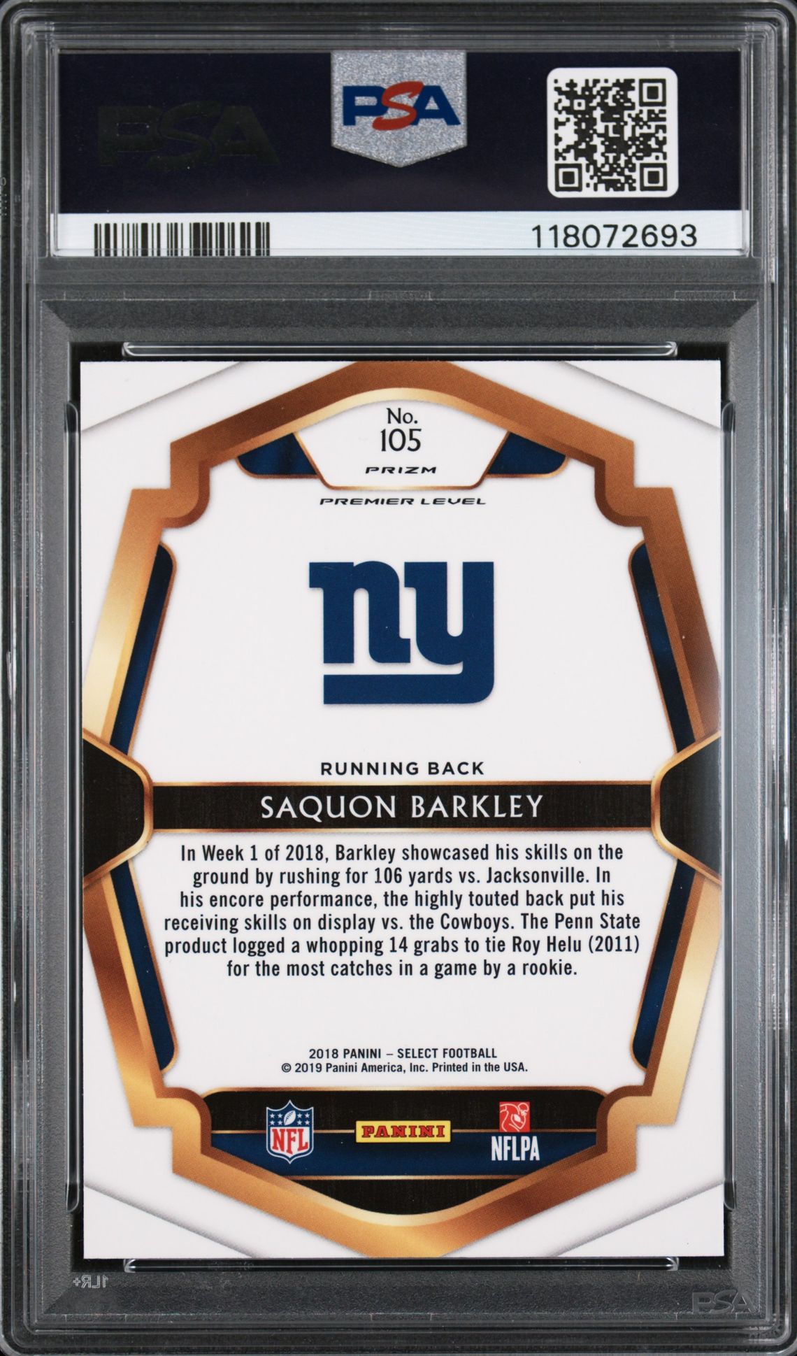 2018 Panini Select Saquon Barkley #105 (Silver Prizm) Mint 9 back