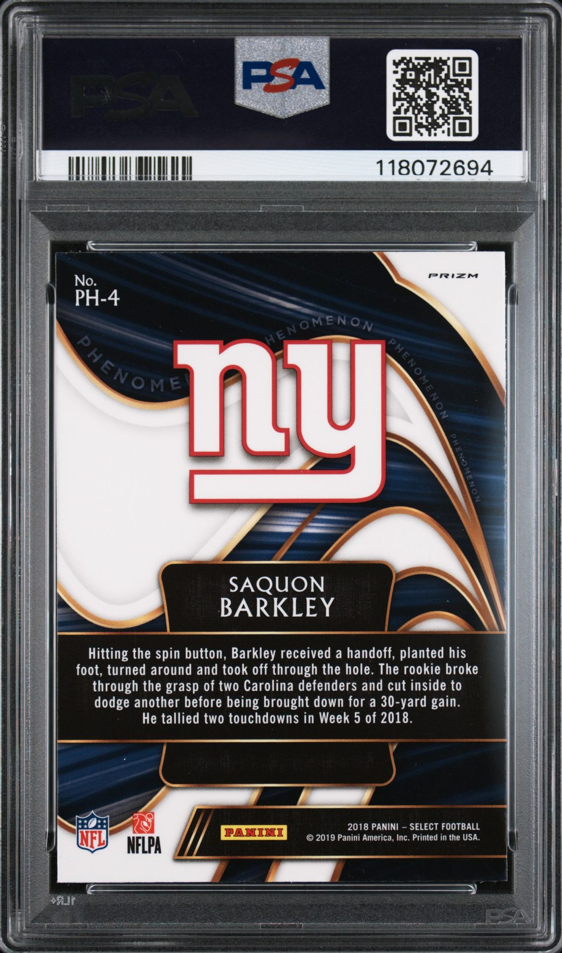 2018 Panini Select Phenomenon Saquon Barkley #Ph4 (Phenomenon-Prizm) Gem Mt 10 back