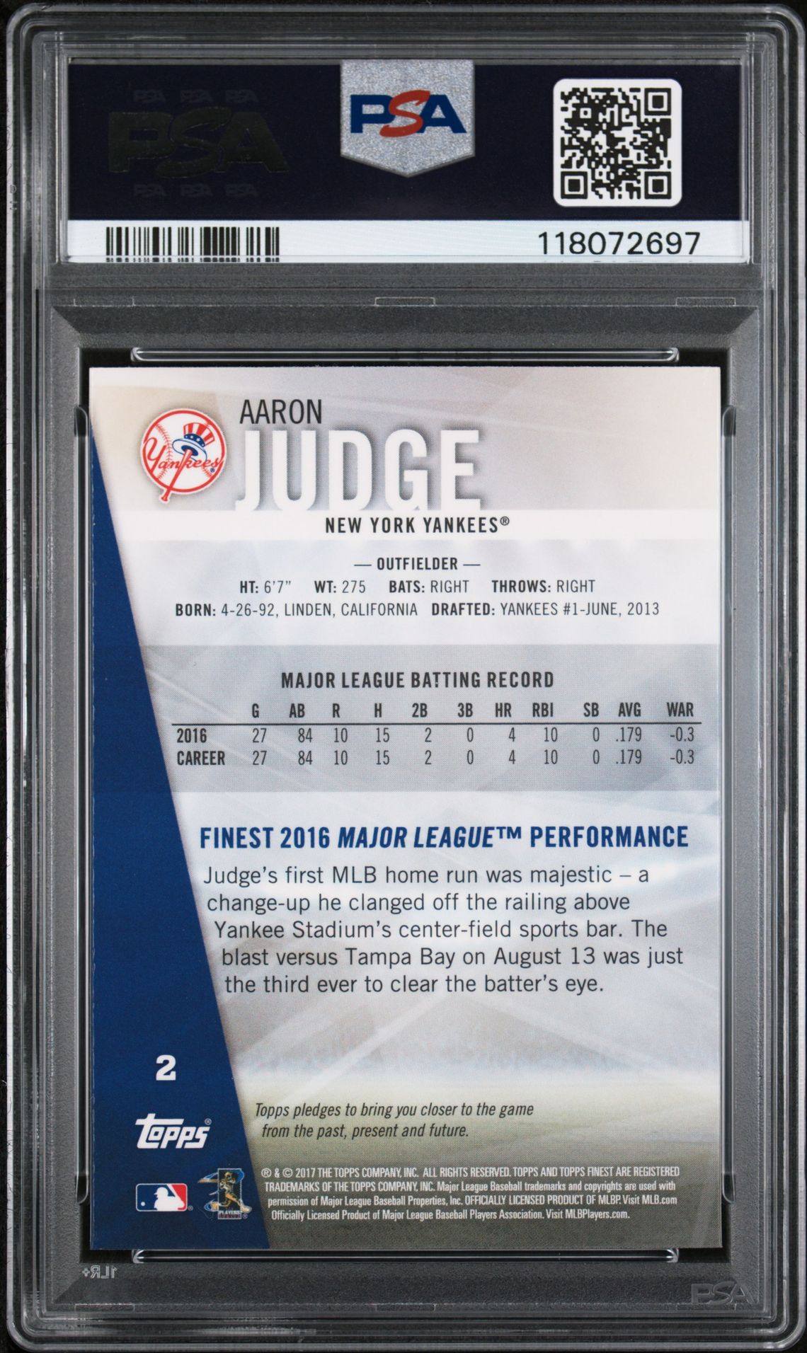 2017 Finest Aaron Judge #2 Mint 9 back