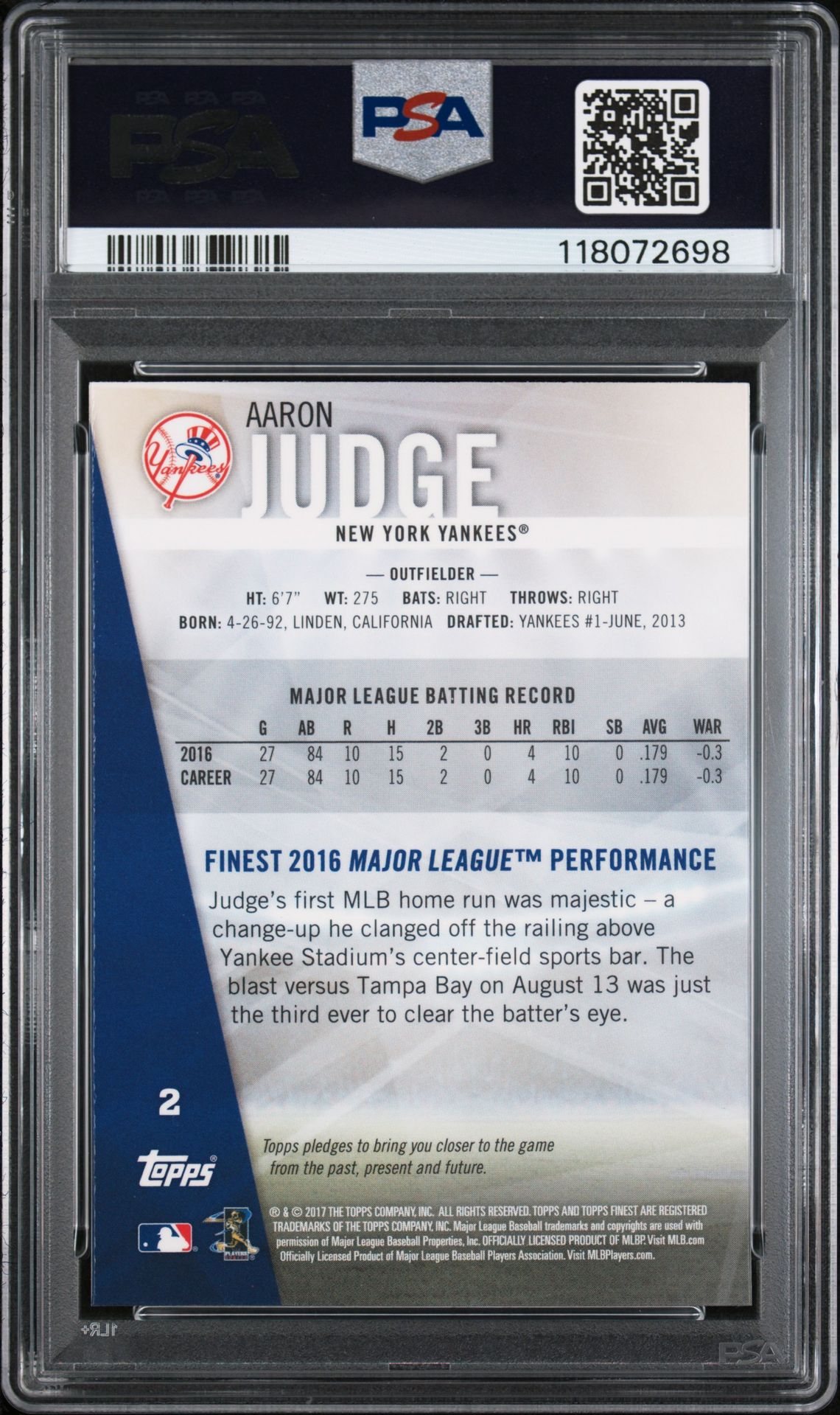 2017 Finest Aaron Judge #2 Mint 9 back