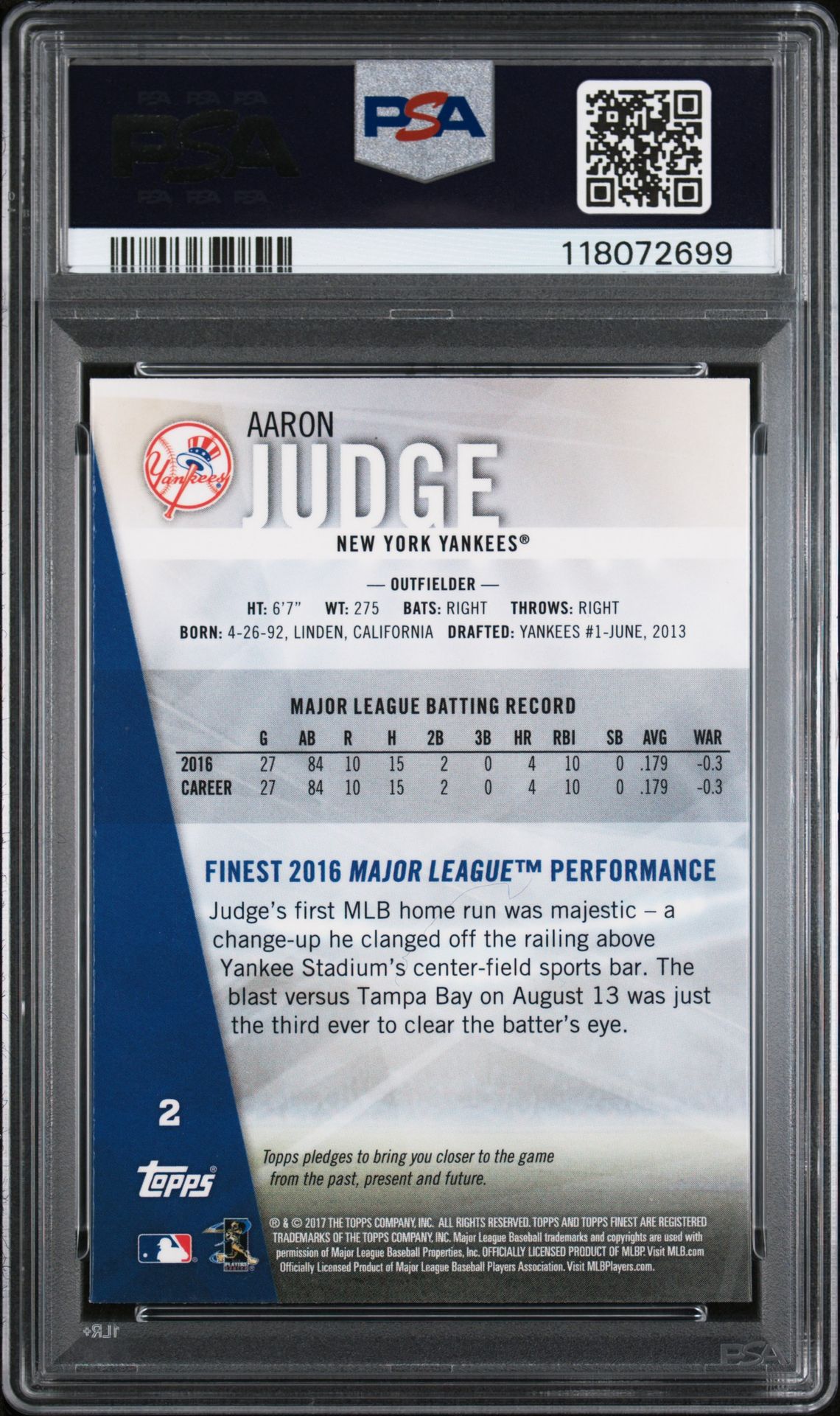 2017 Finest Aaron Judge #2 Mint 9 back