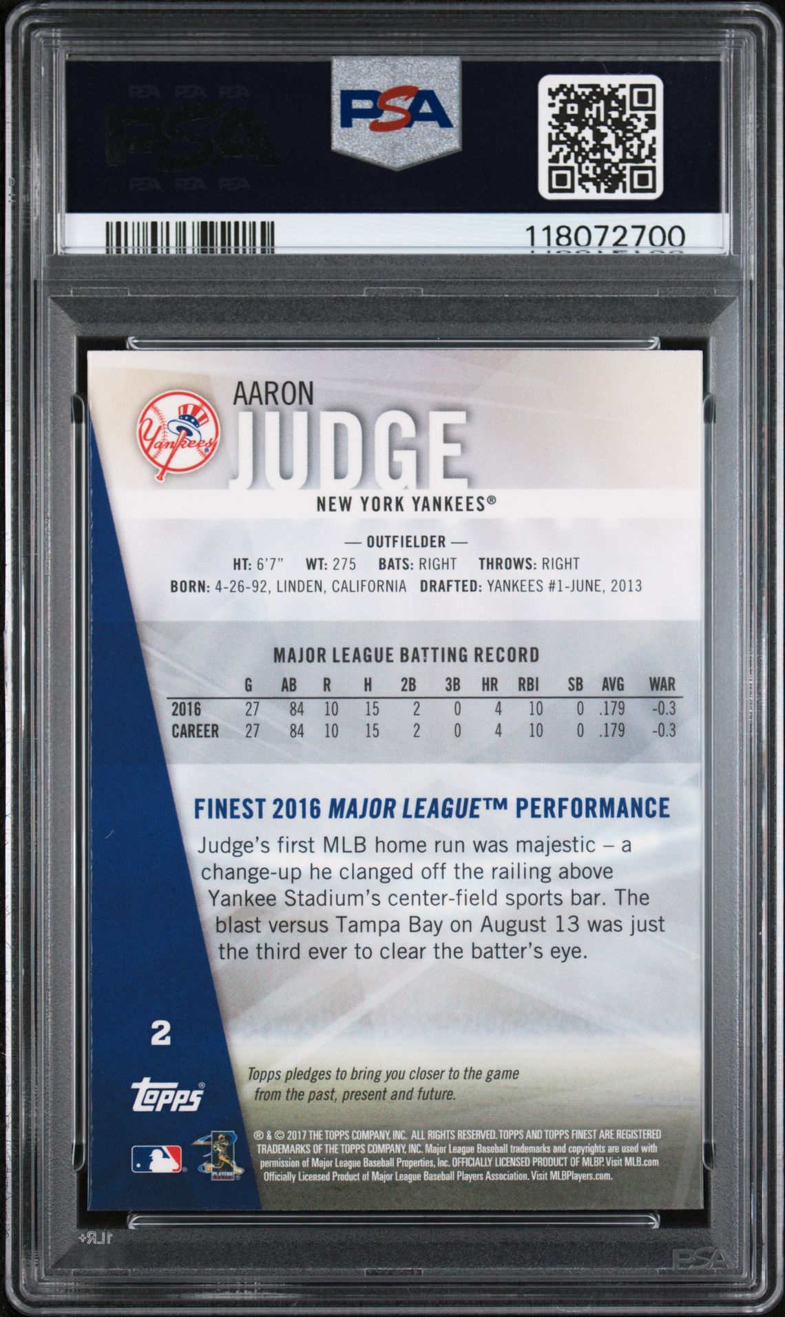 2017 Finest Aaron Judge #2 Mint 9 back