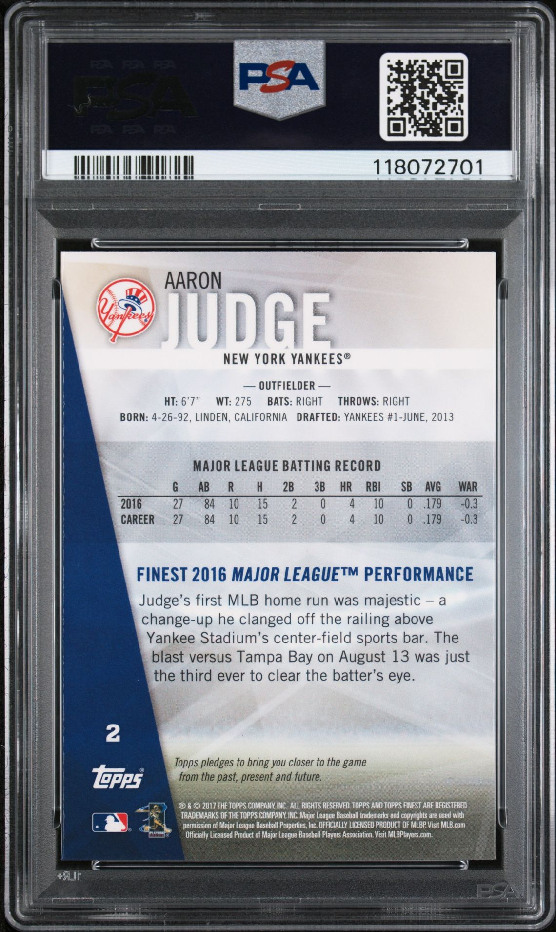 2017 Finest Aaron Judge #2 Gem Mt 10 back