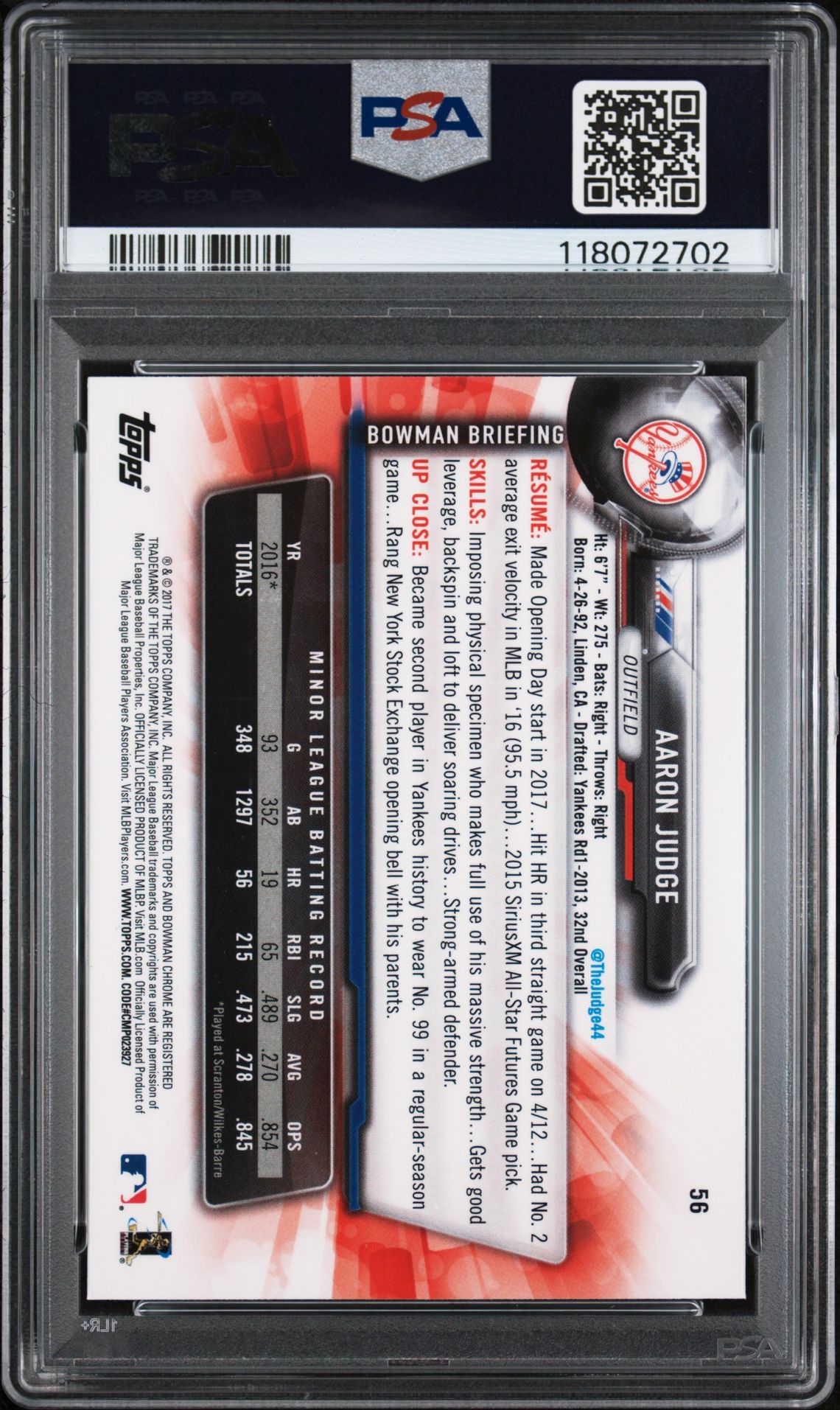 2017 Bowman Chrome Aaron Judge #56 (Batting) Gem Mt 10 back