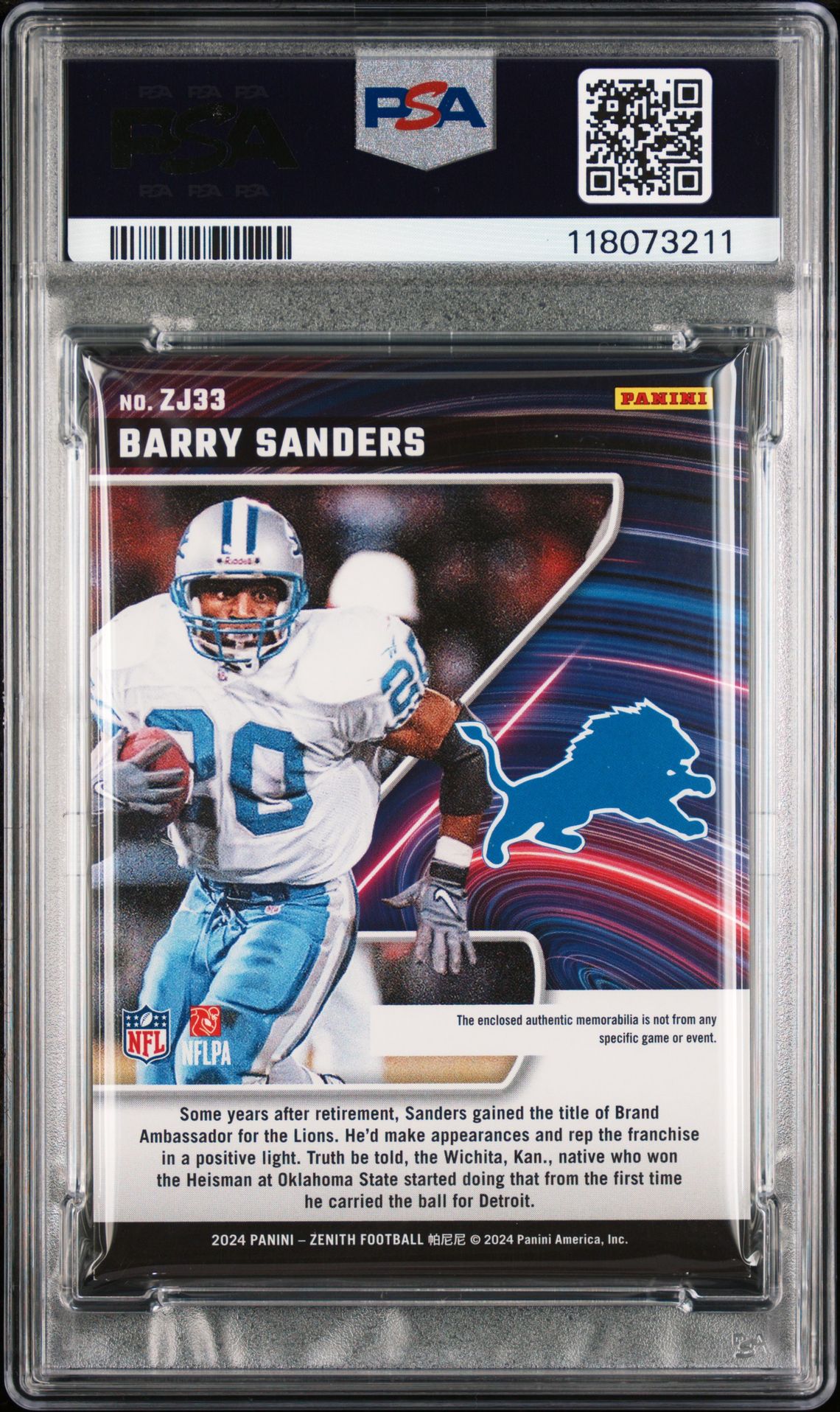 2024 Panini Zenith Z-Jerseys Barry Sanders #Zj33 Nm-Mt 8 back