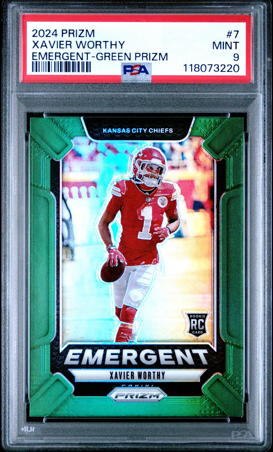 2024 Panini Prizm Emergent Xavier Worthy #7 (Emergent-Green Prizm) Mint 9 front