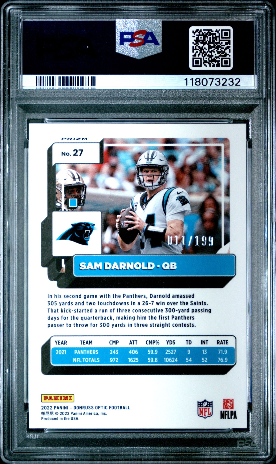 2022 Panini Donruss Optic Sam Darnold #27 (Orange) Gem Mt 10 back