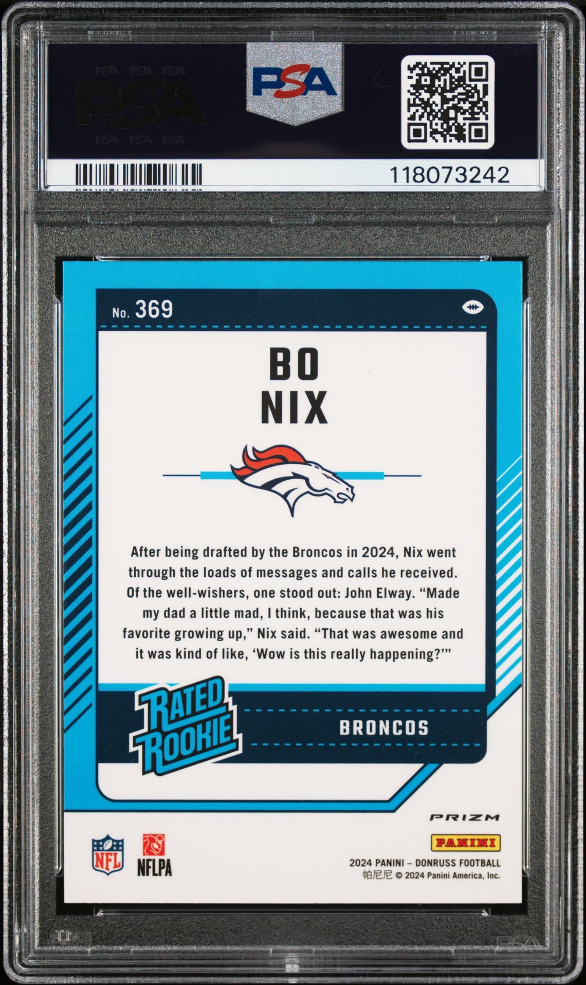 2024 Panini Donruss Bo Nix #369 (Optic Preview-Red & Green) Gem Mt 10 back