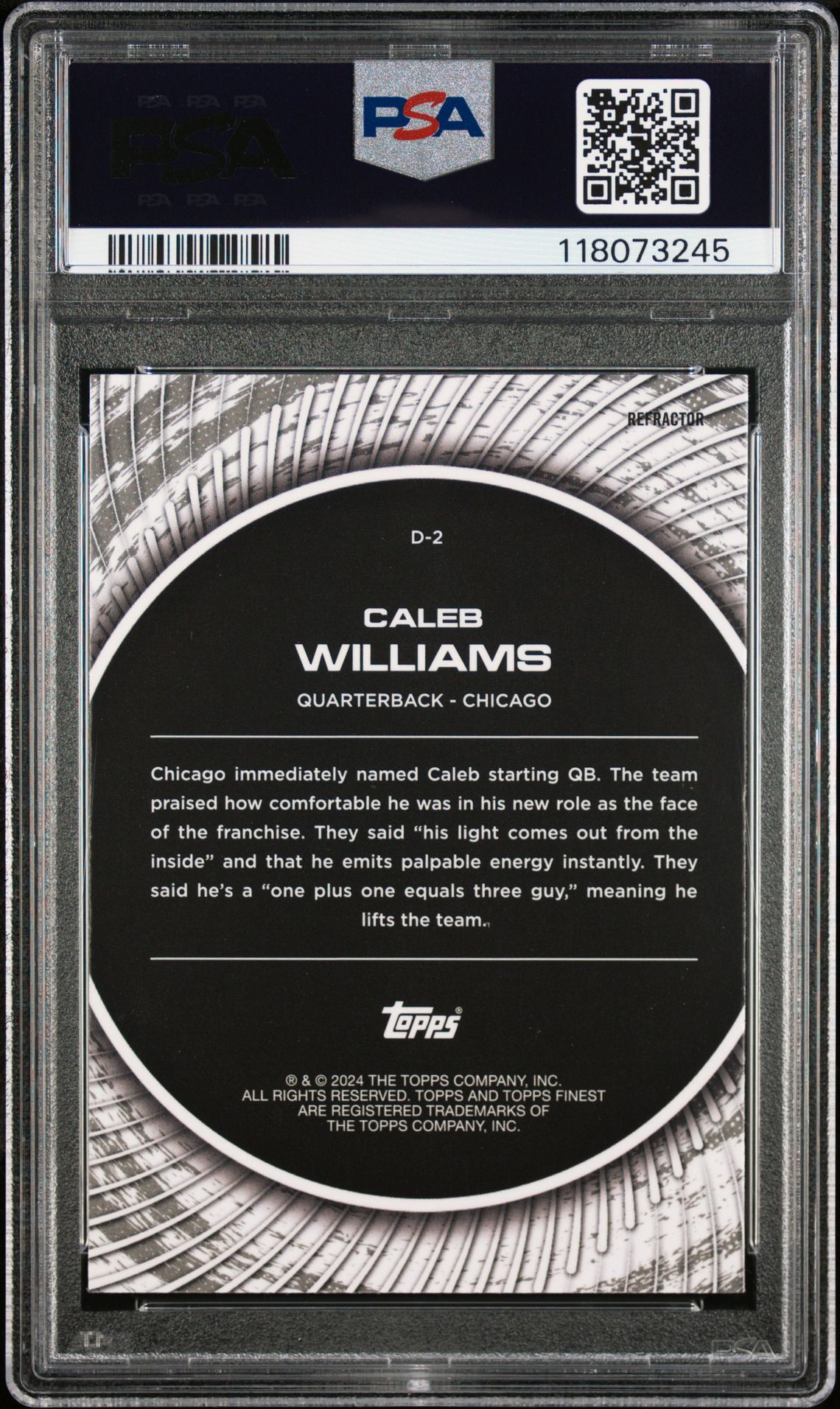 2024 Topps Finest Debut Caleb Williams #D2 (Debut-Refractor) Gem Mt 10 back