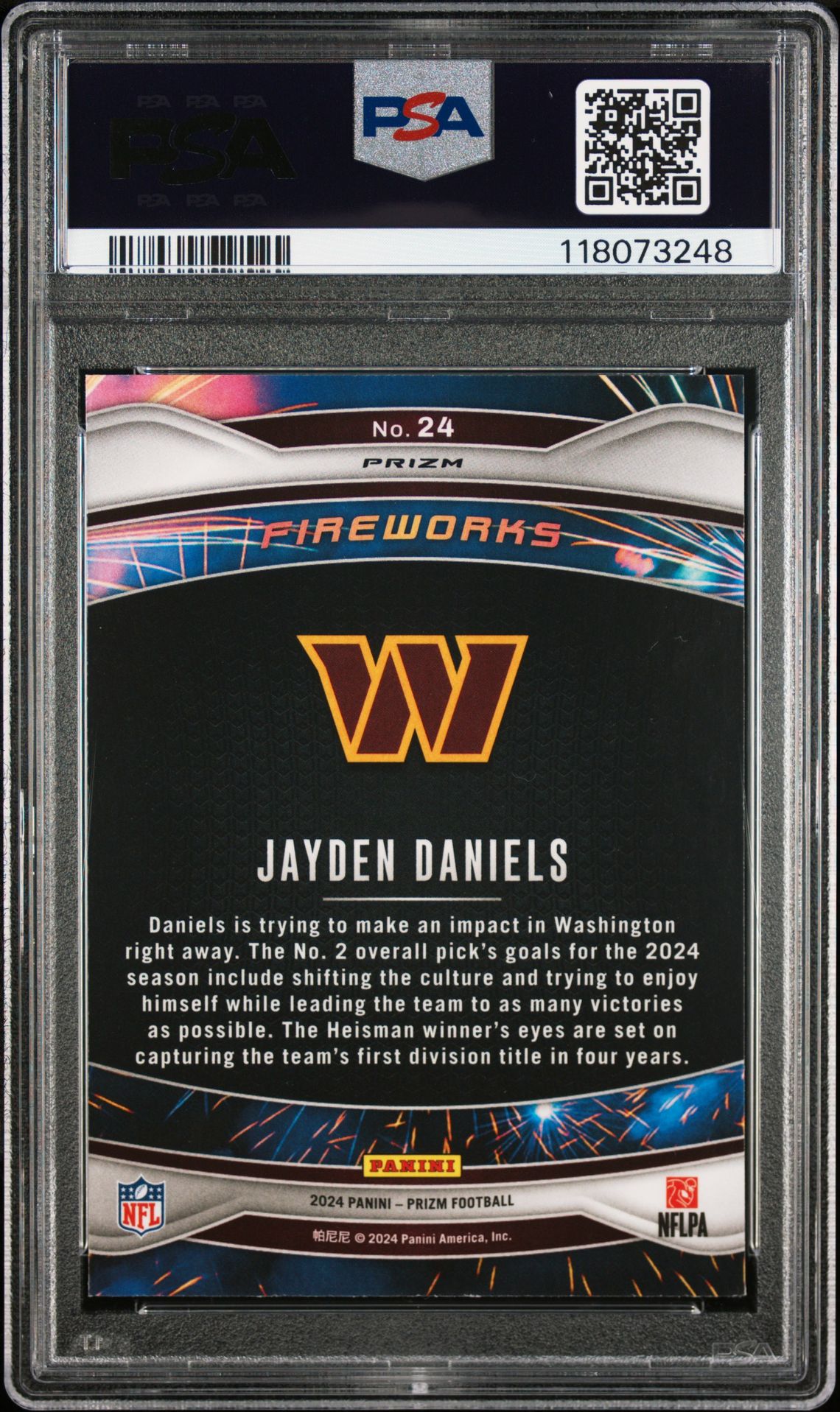 2024 Panini Prizm Fireworks Jayden Daniels #24 (Fireworks-Green Prizm) Gem Mt 10 back