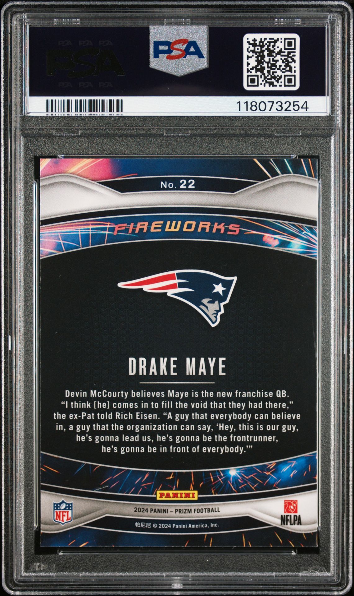 2024 Panini Prizm Fireworks Drake Maye #22 Gem Mt 10 back
