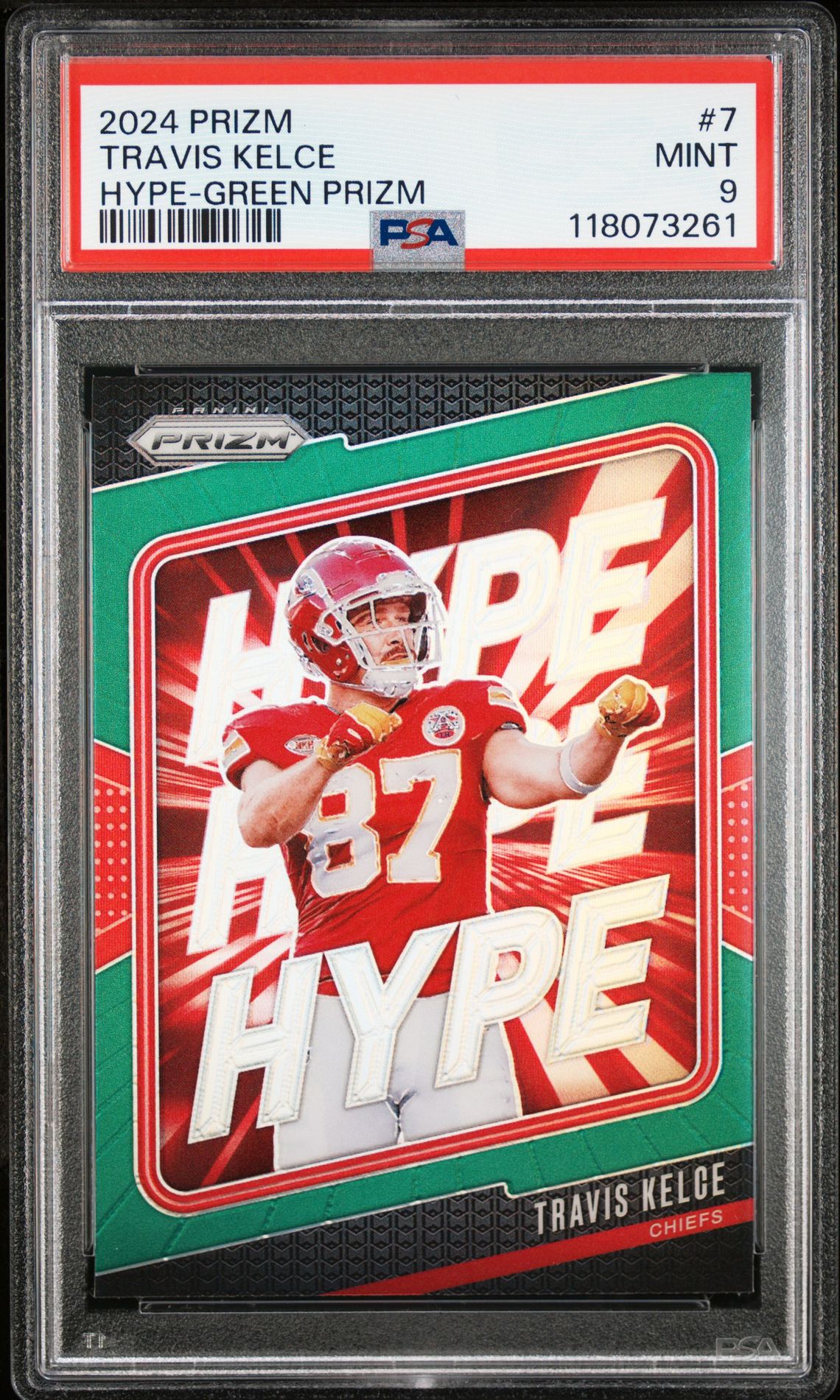 2024 Panini Prizm Hype Travis Kelce #7 (Hype-Green Prizm) Mint 9 front