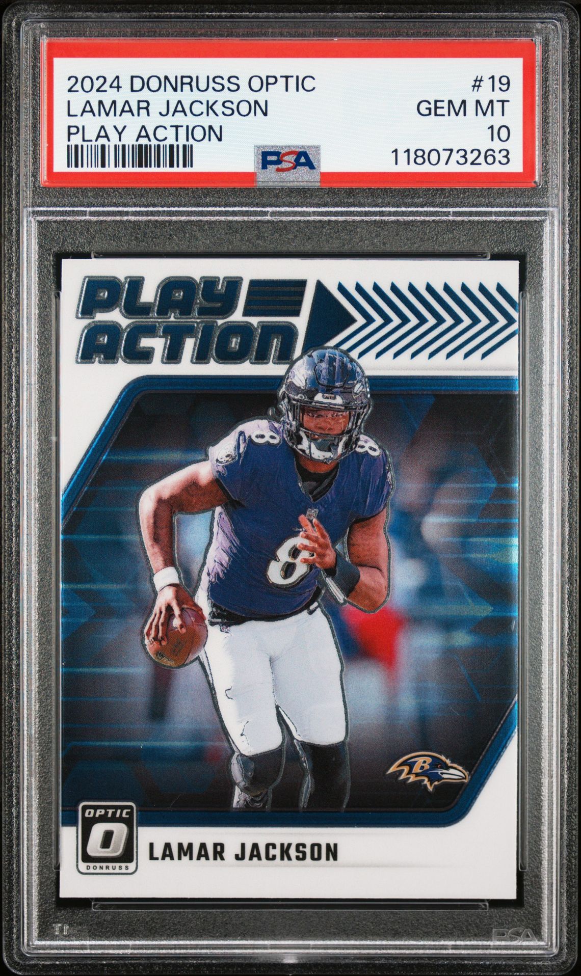 2024 Panini Donruss Optic Play Action Lamar Jackson #19 Gem Mt 10 front