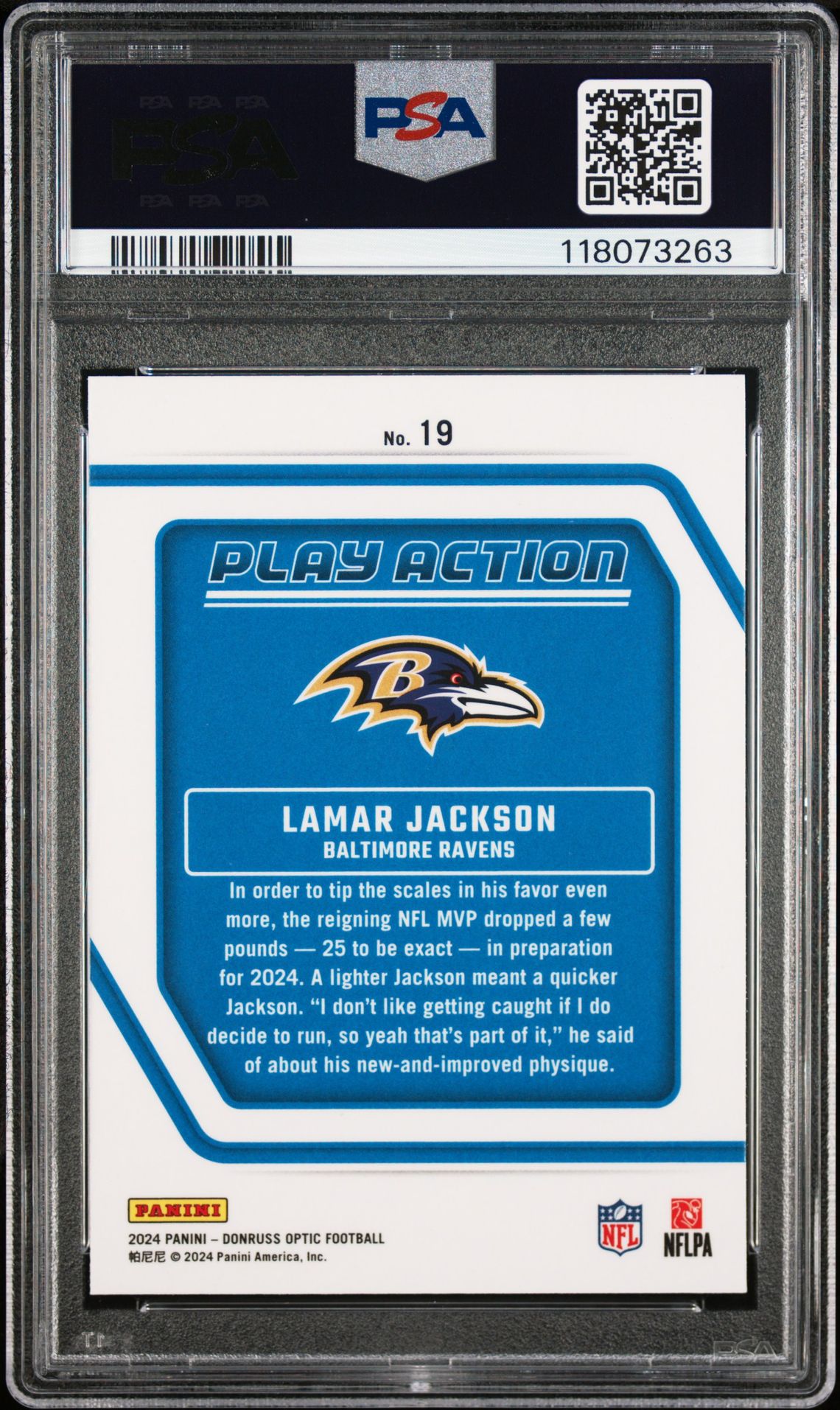 2024 Panini Donruss Optic Play Action Lamar Jackson #19 Gem Mt 10 back