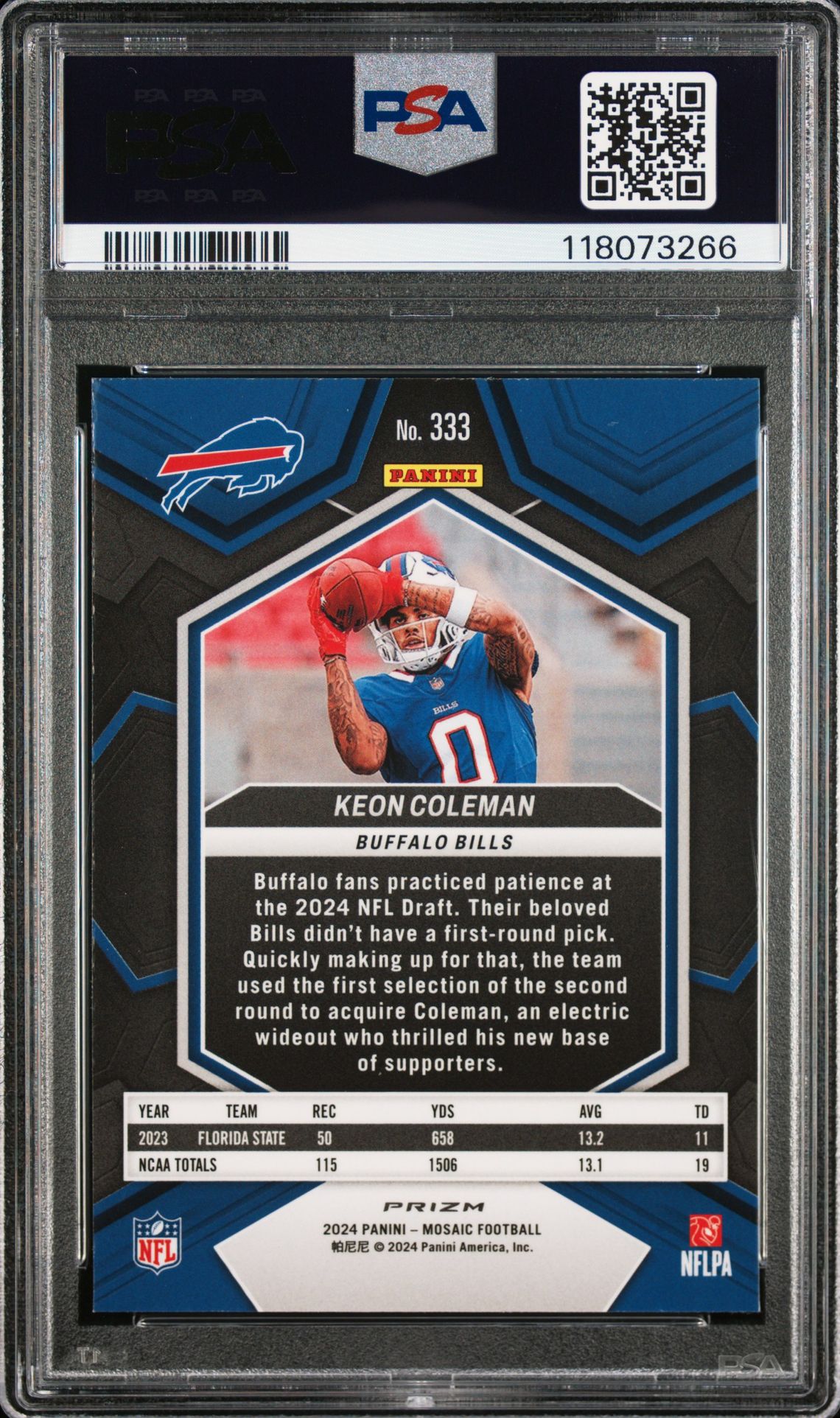 2024 Panini Mosaic Keon Coleman #333 (Camo Pink) Mint 9 back