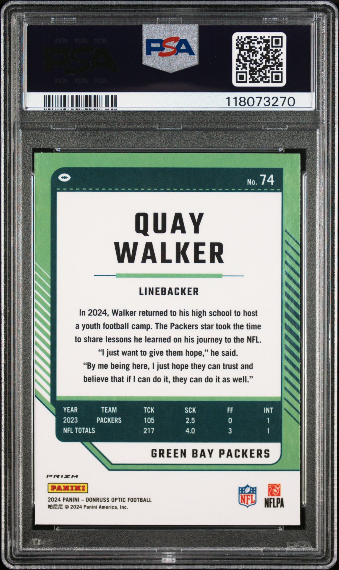 2024 Panini Donruss Optic Quay Walker #74 (Holo) Gem Mt 10 back