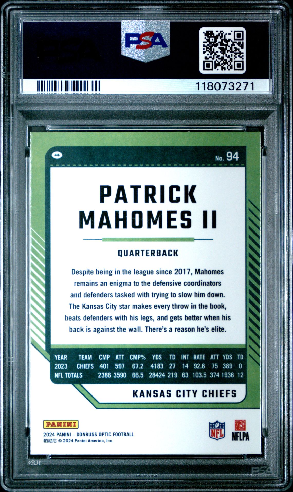 2024 Panini Donruss Optic Patrick Mahomes Ii #94 Ex-Mt 6 back