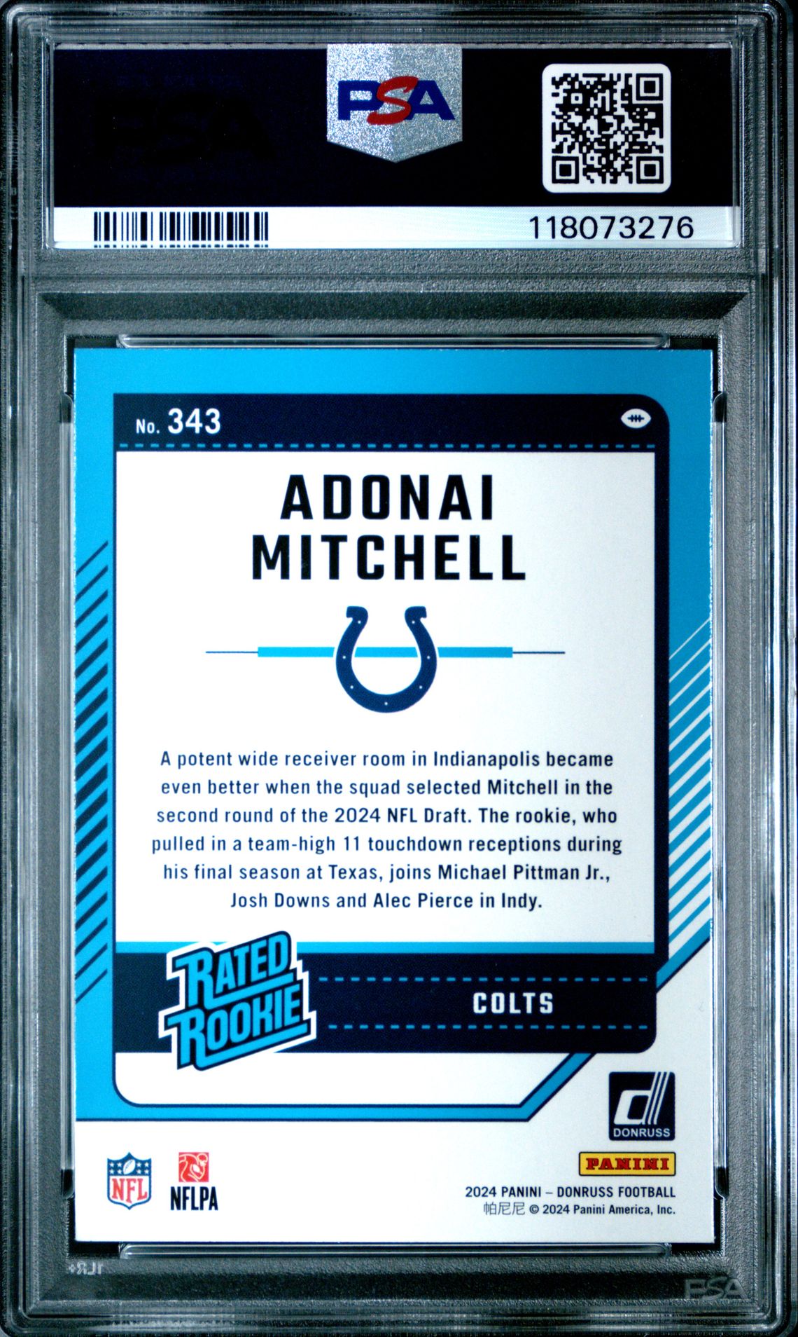 2024 Panini Donruss Adonai Mitchell #343 Gem Mt 10 back