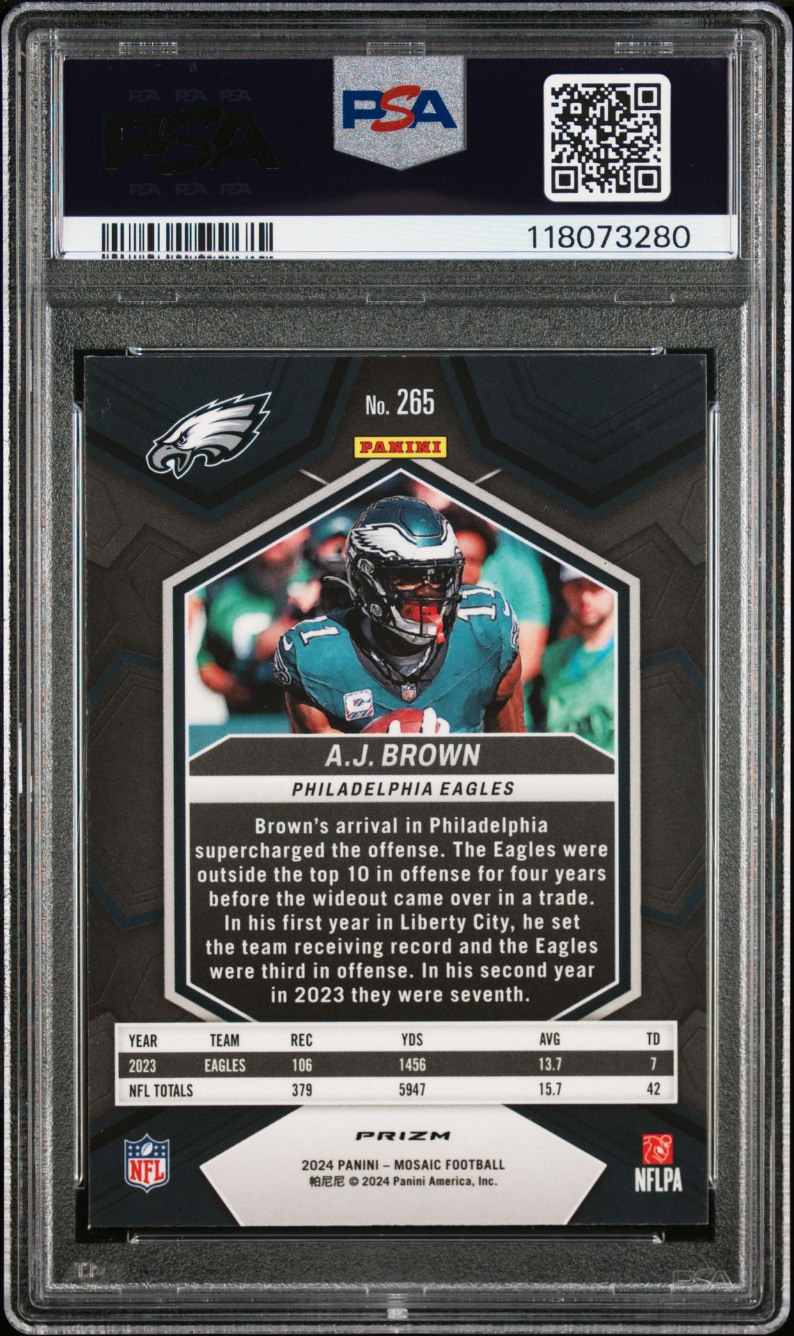 2024 Panini Mosaic Aj Brown #265 (Honeycomb) Gem Mt 10 back