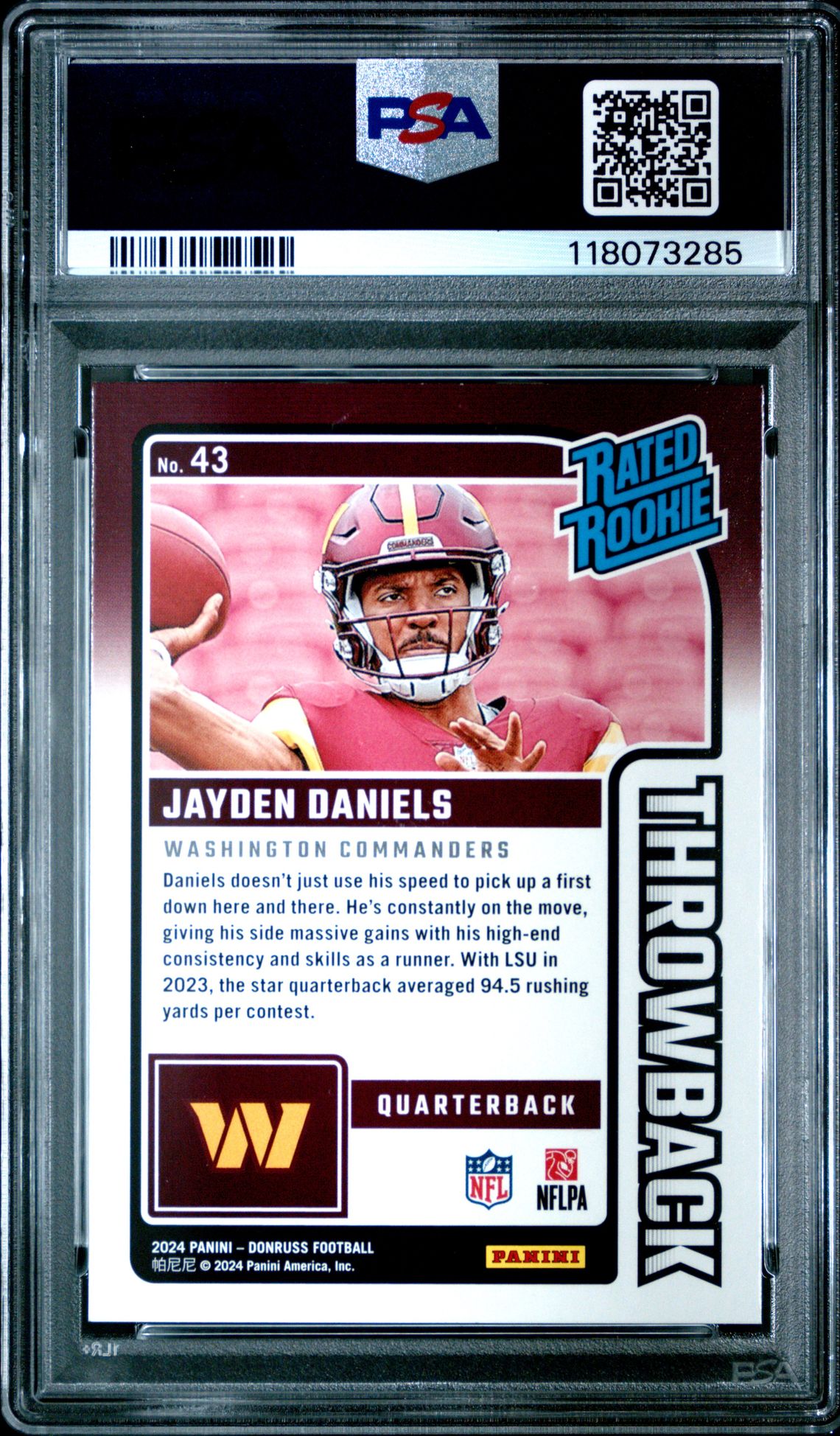 2024 Panini Donruss Rated Rookies Throwback Jayden Daniels #43 Mint 9 back