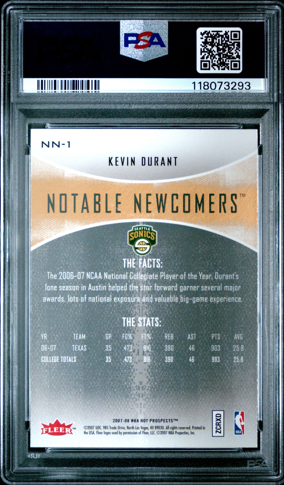 2007 Fleer Hot Prospects Notable Newcomers Kevin Durant #Nn-1 (Notable Newcomers) Gem Mt 10 back