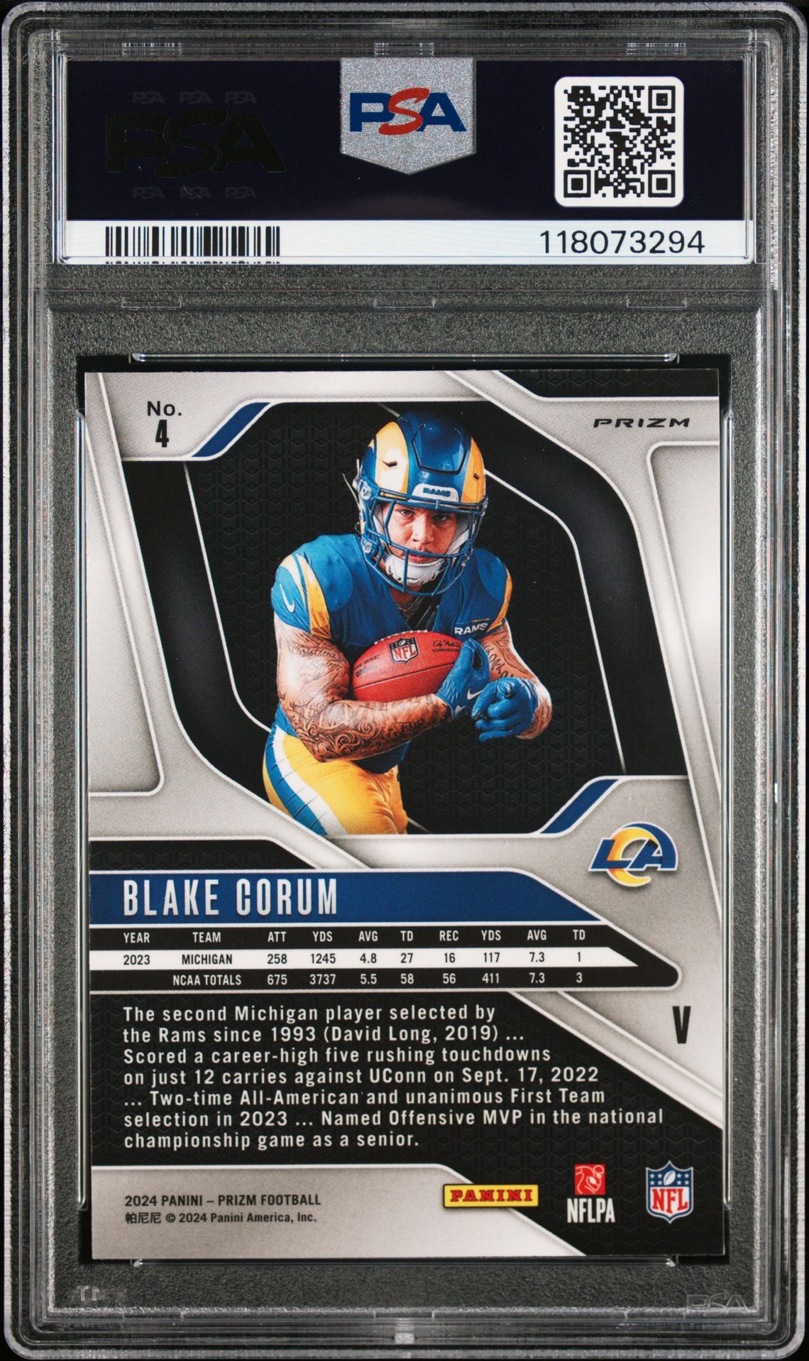 2024 Panini Prizm Rookie Variation Blake Corum #4 Mint 9 back