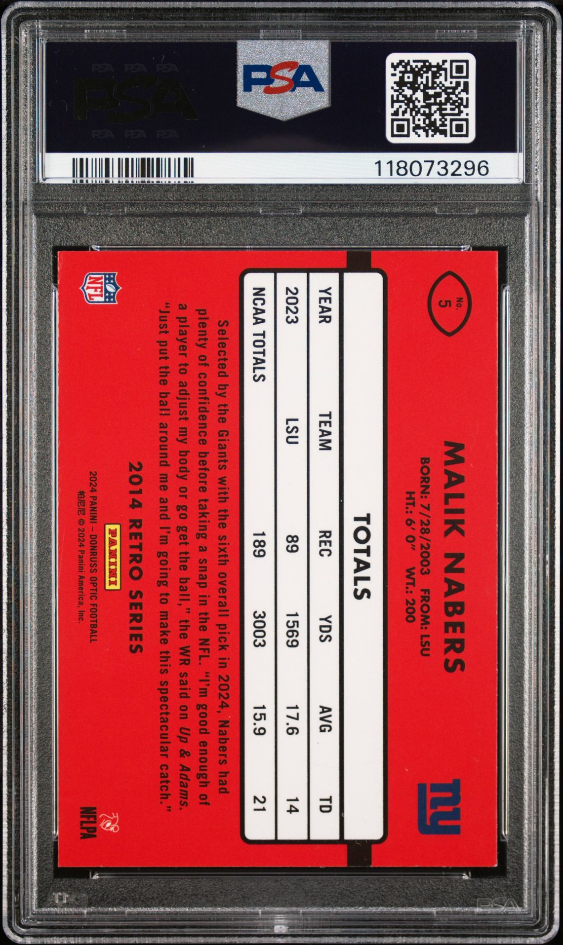 2024 Panini Donruss Optic 2014 Retro Series Malik Nabers #5 Mint 9 back