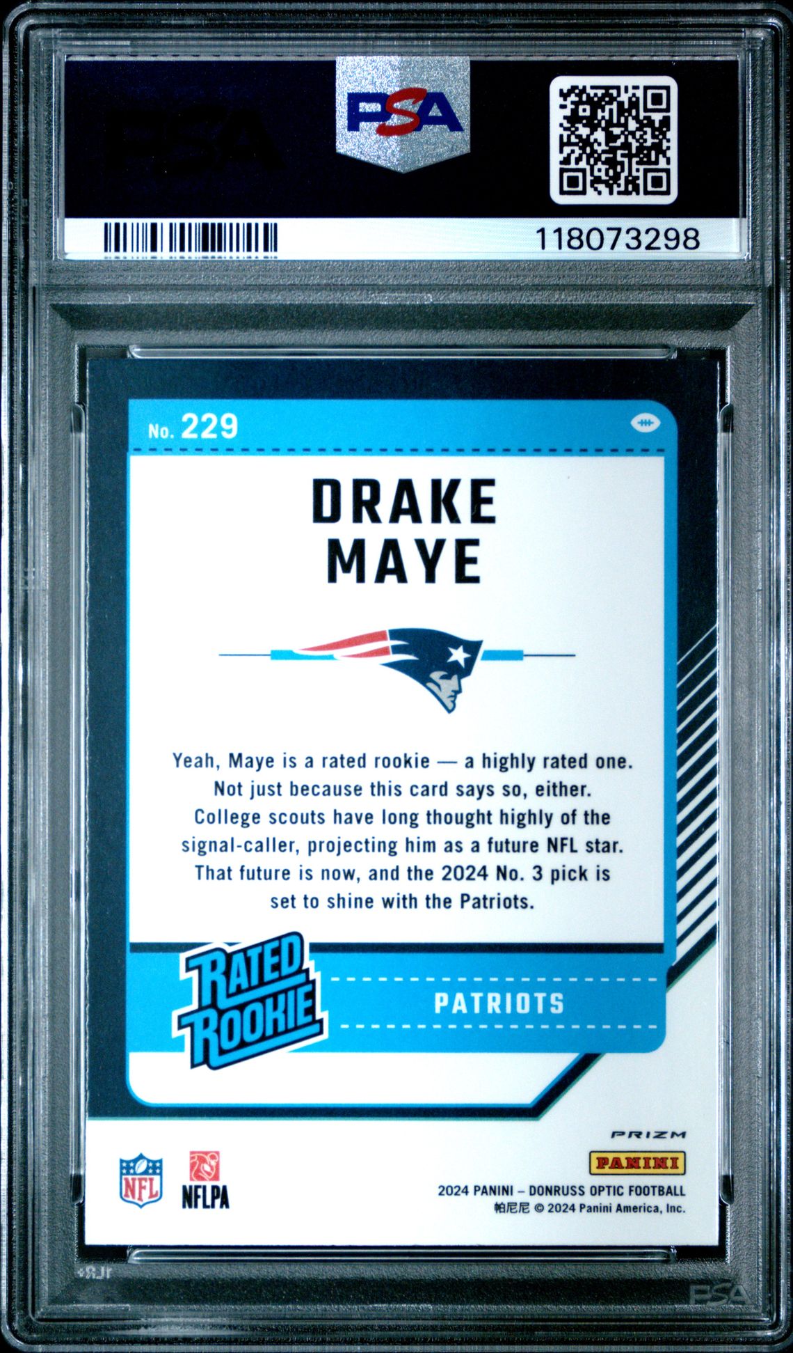 2024 Panini Donruss Optic Drake Maye #229 (Pink) Gem Mt 10 back