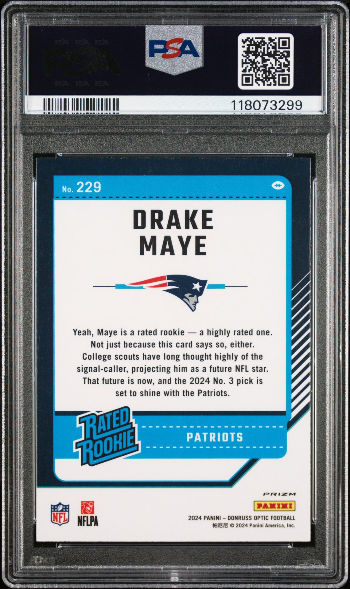 2024 Panini Donruss Optic Drake Maye #229 (Blue Hyper) Gem Mt 10 back