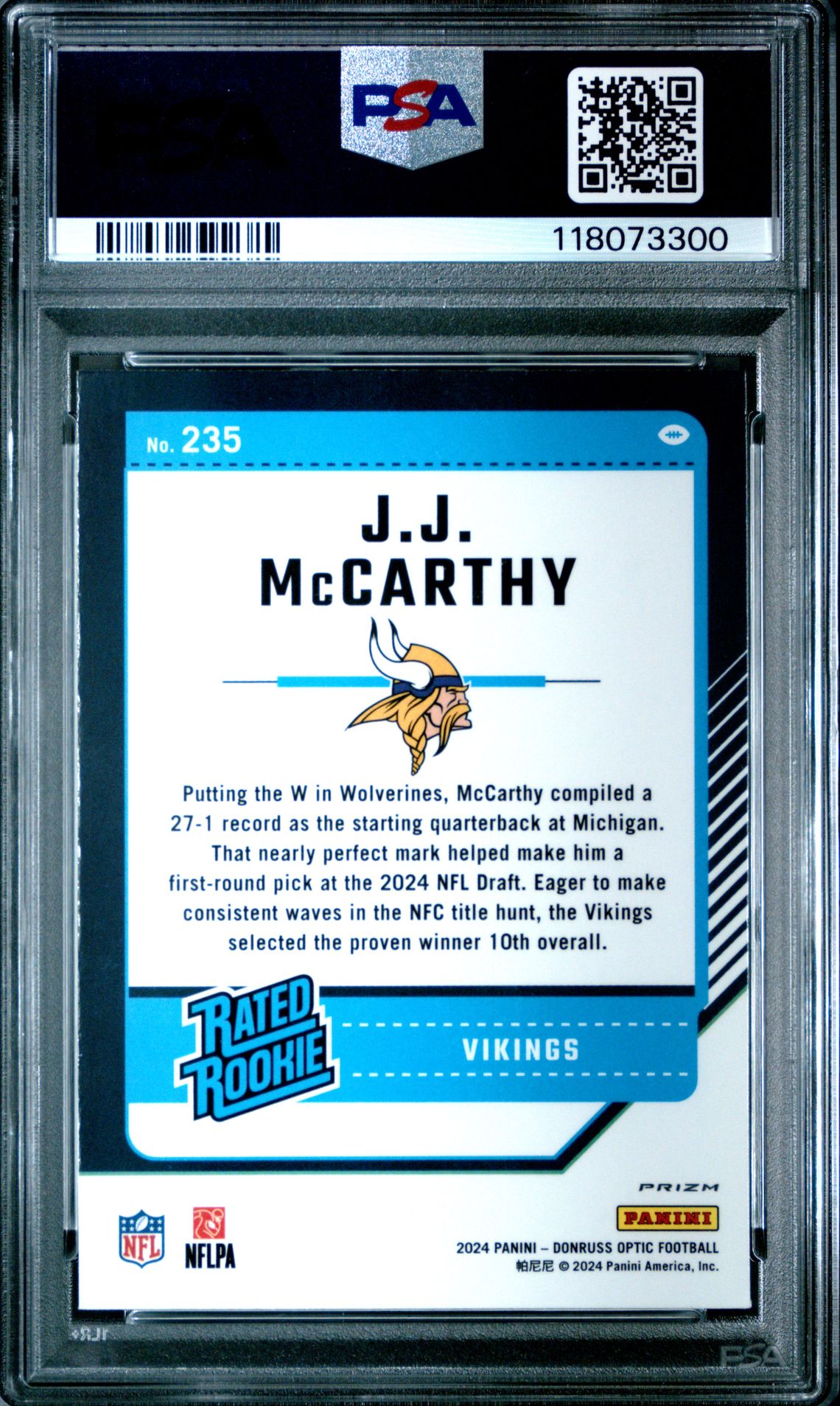 2024 Panini Donruss Optic Jj Mccarthy #235 (Green Hyper) Gem Mt 10 back