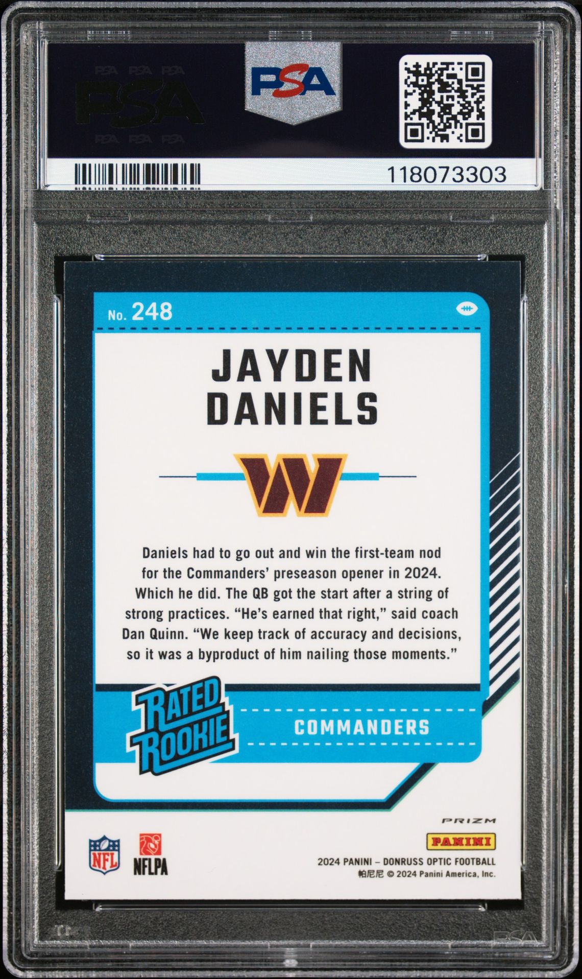 2024 Panini Donruss Optic Jayden Daniels #248 (Holo) Mint 9 back