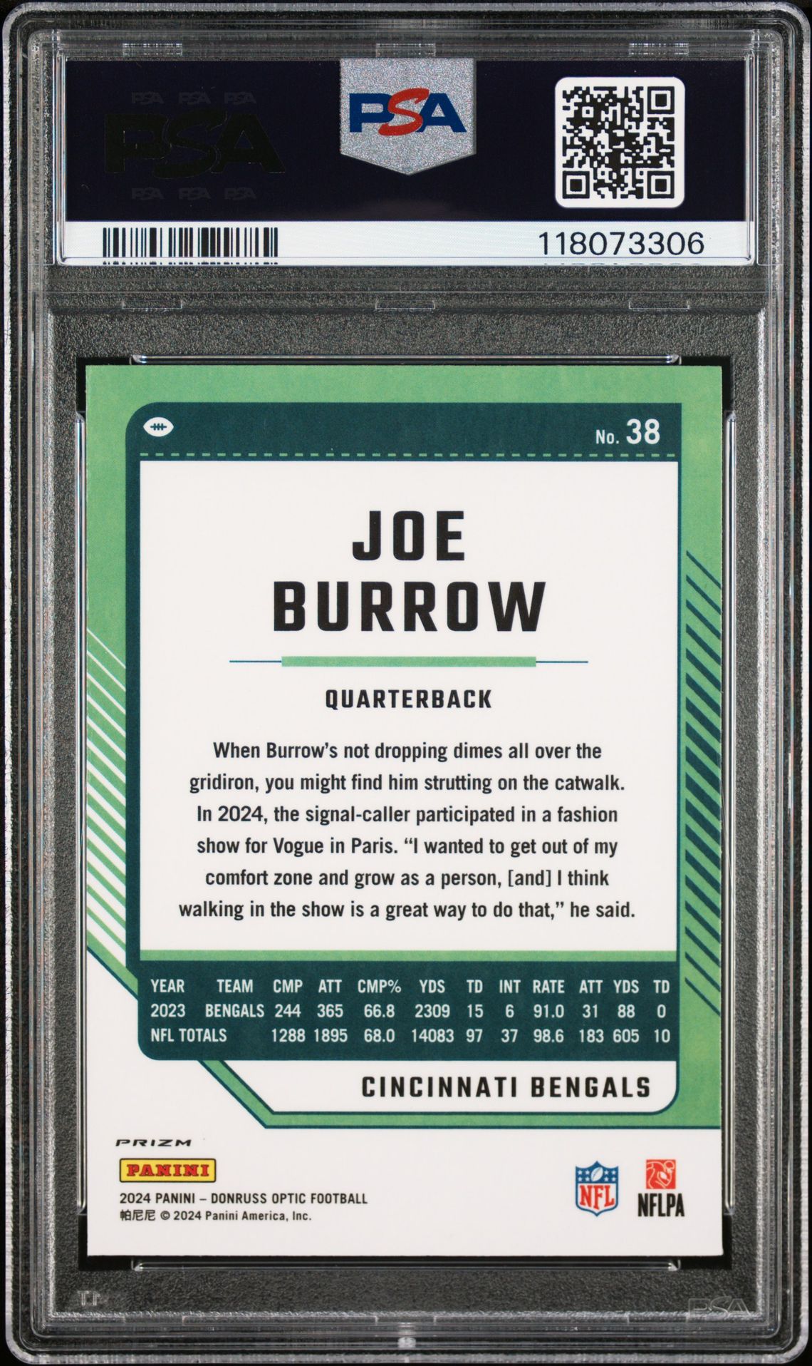 2024 Panini Donruss Optic Joe Burrow #38 (Fire) Gem Mt 10 back