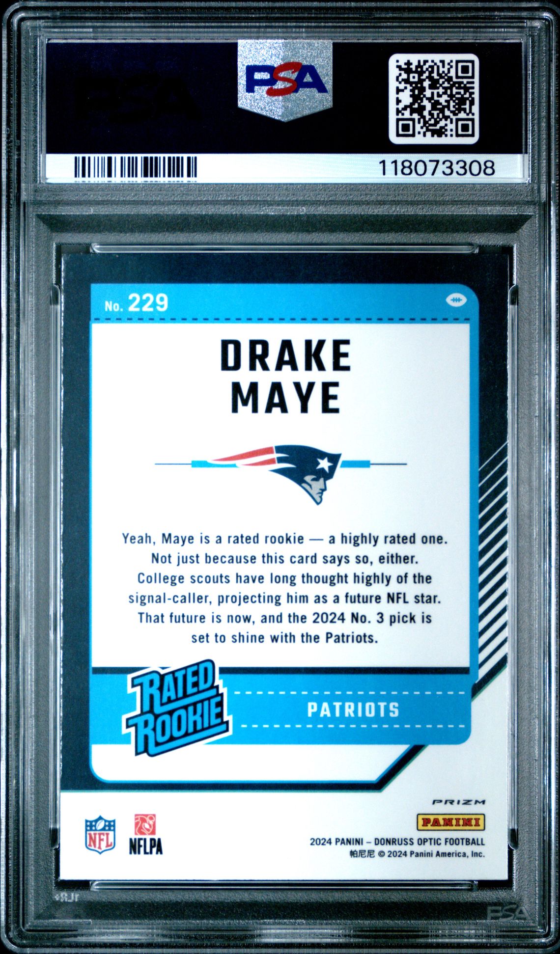 2024 Panini Donruss Optic Drake Maye #229 (Fire) Gem Mt 10 back