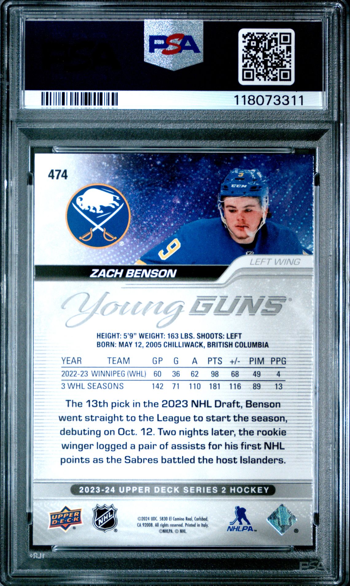 2023 Upper Deck Zach Benson #474 Gem Mt 10 back