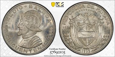 1953 1/2 B 50th Ann. Rep. of Panama KM-20  Ag MS66