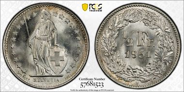 1951 B 1/2 Fr KM-23  Ag MS65