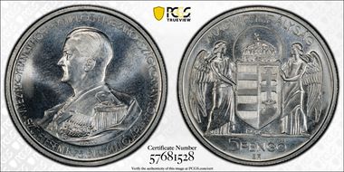 1943-BP 5 Pen Horthy Restrike PR67