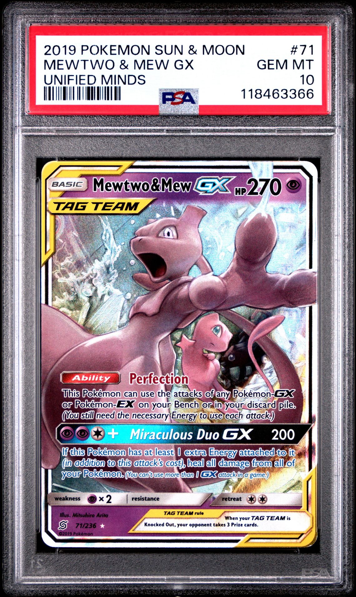 2019 Pokemon Sun & Moon Unified Minds Mewtwo & Mew Gx #71 (Unified Minds) Gem Mt 10 front