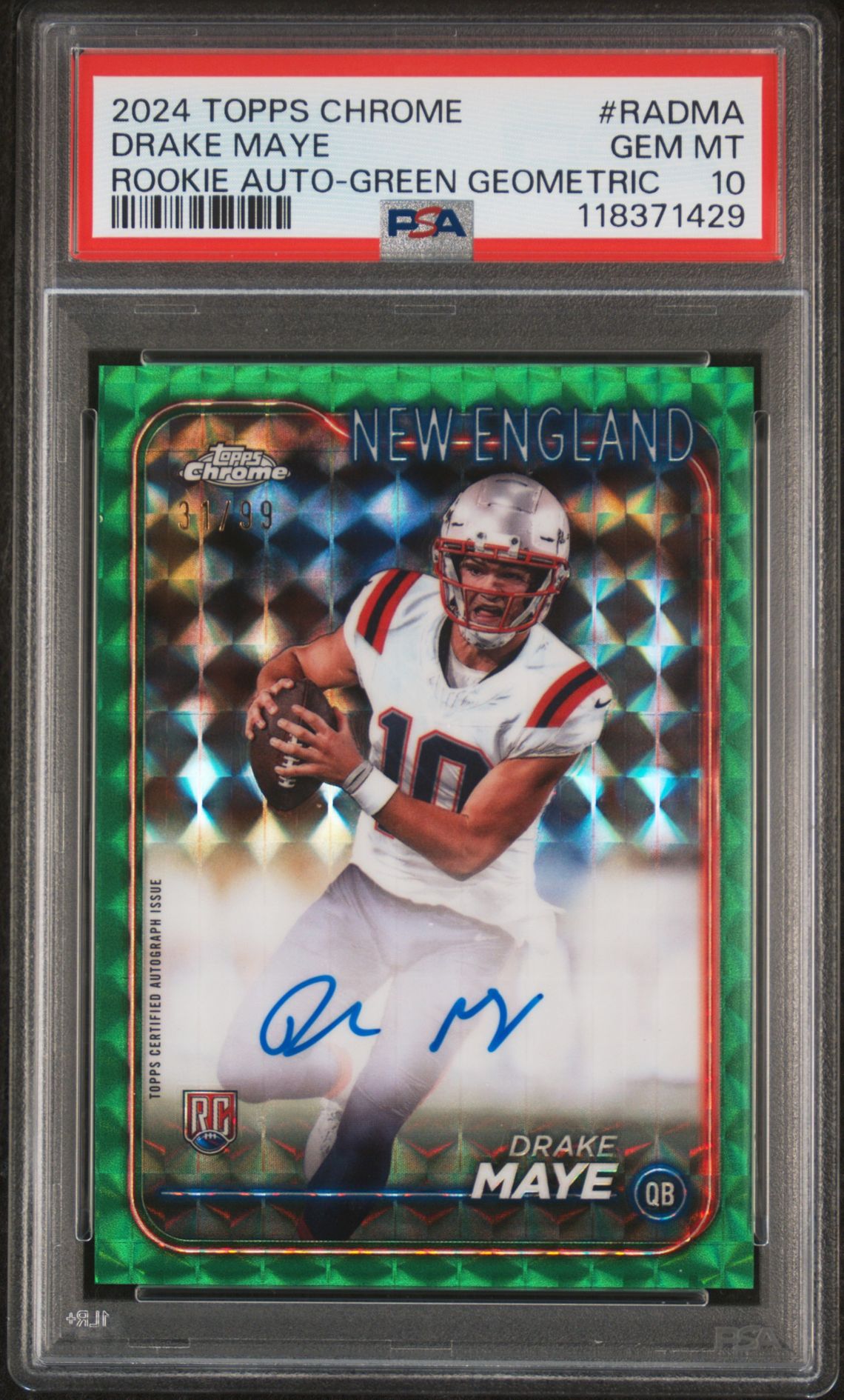 2024 Topps Chrome Rookie Autographs Variations Drake Maye #Radma (Rookie Auto-Green Geometric) Gem Mt 10 front