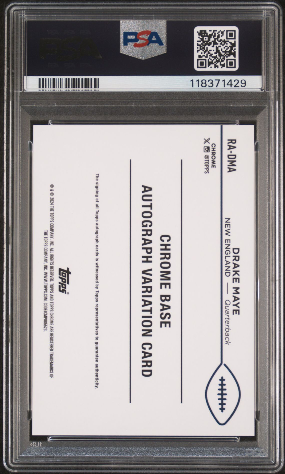 2024 Topps Chrome Rookie Autographs Variations Drake Maye #Radma (Rookie Auto-Green Geometric) Gem Mt 10 back