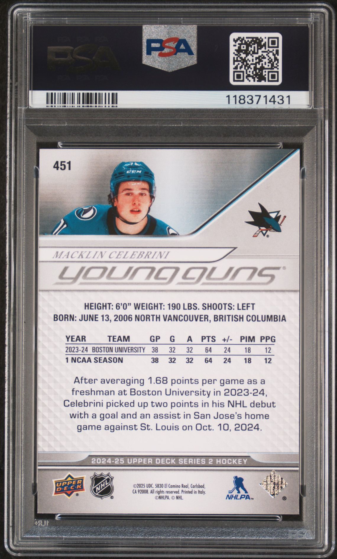 2024 Upper Deck Macklin Celebrini #451 Gem Mt 10 back