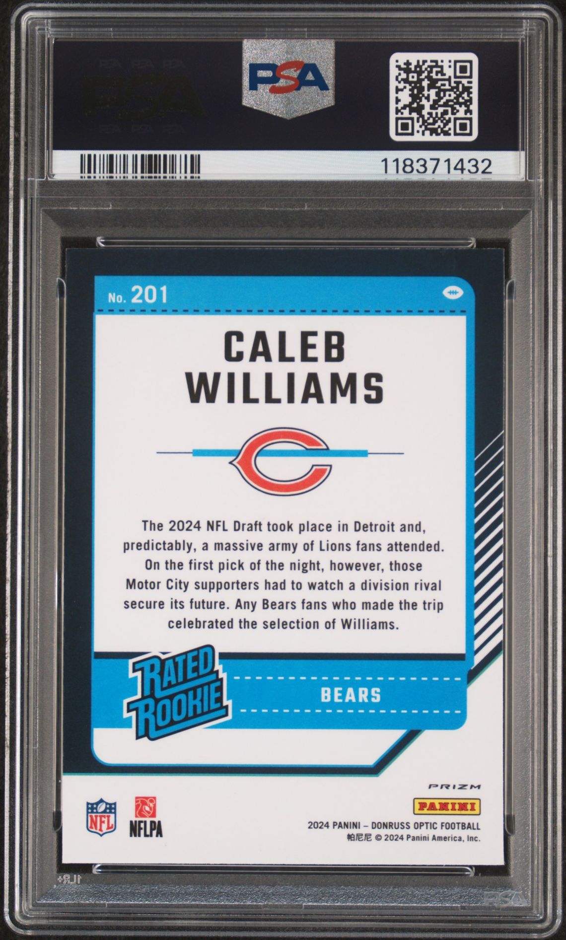2024 Panini Donruss Optic Caleb Williams #201 (Blue Glitter) Mint 9 back
