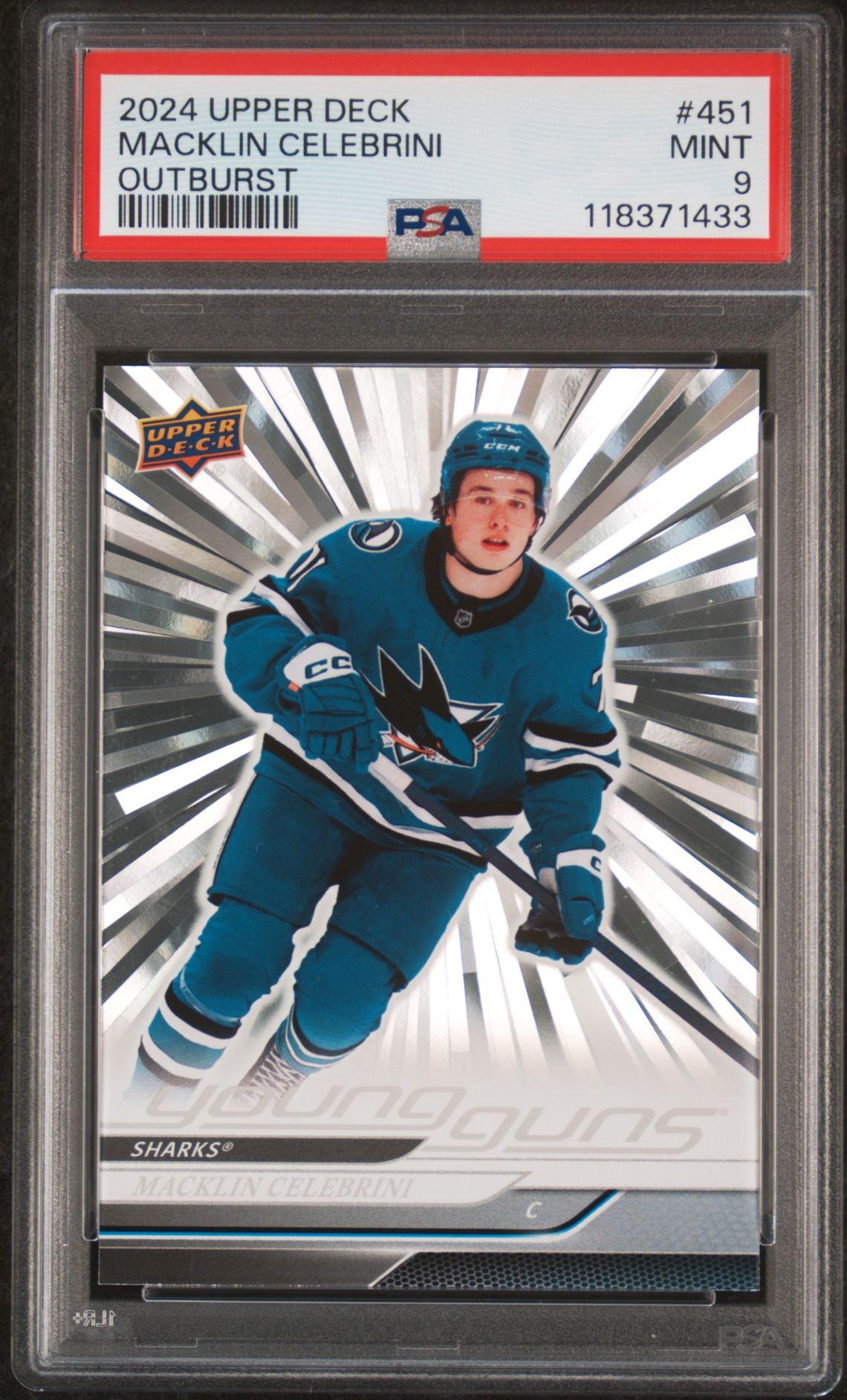 2024 Upper Deck Macklin Celebrini #451 (Outburst) Mint 9 front