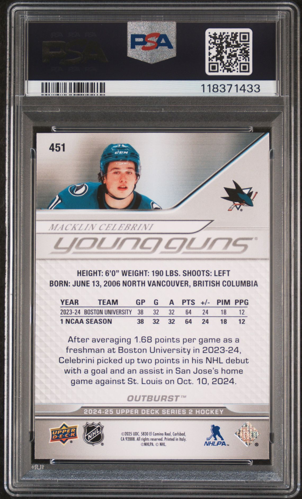 2024 Upper Deck Macklin Celebrini #451 (Outburst) Mint 9 back