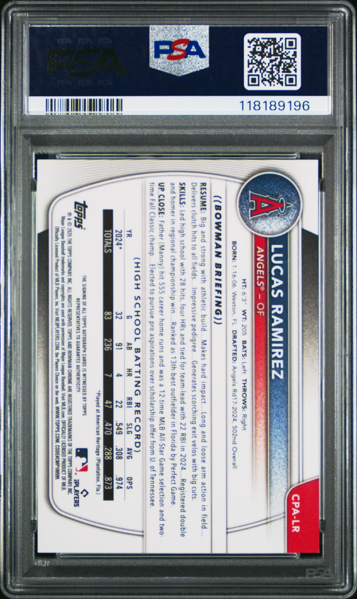 2025 Bowman Chrome Prospect Autographs Lucas Ramirez #Cpalr (Chrome Pros Auto-Gold Lava) Gem Mt 10 back