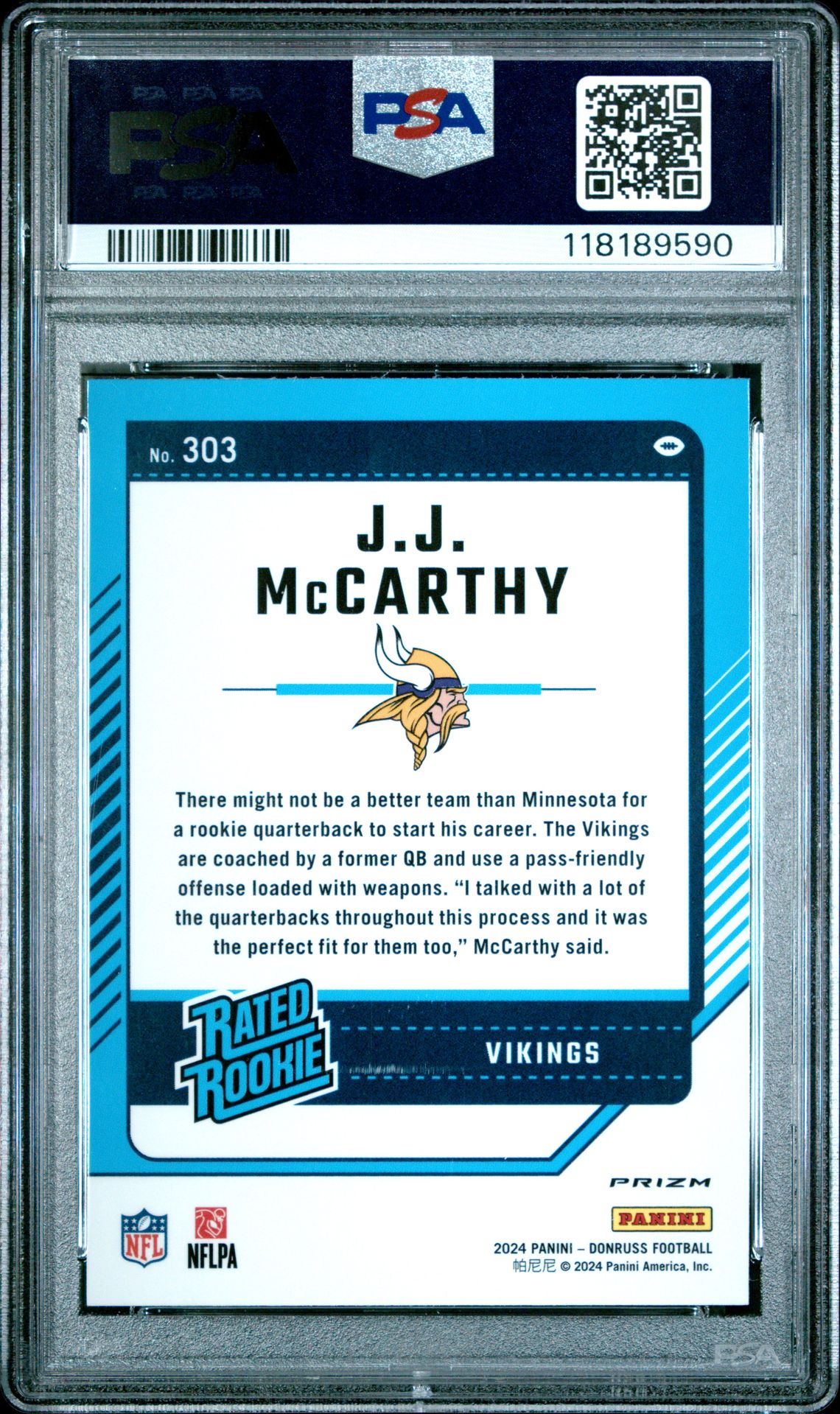 2024 Panini Donruss Jj Mccarthy #303 (Optic Preview-Red Wave) Mint 9 back